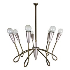 Large Brass Stilnovo Style Hanging Chandelier Light Sconces, Italy 1950s
