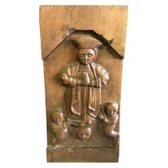 Antique Hand Carved Wood Wall Relief Plaque Panel Religious Figures, 18th-19th Century