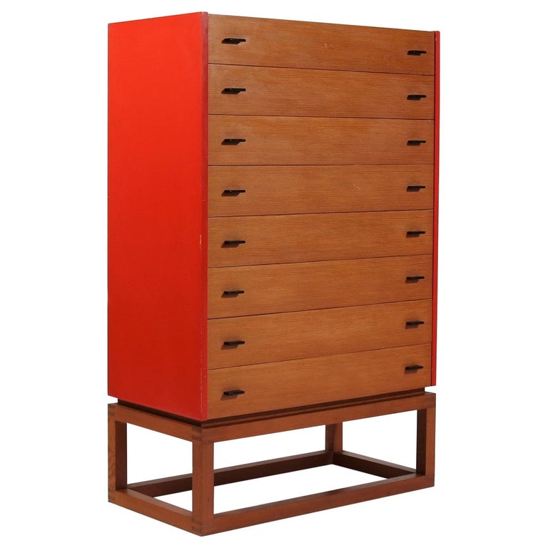 Scandinavian Modern Tall Boy Chest Of Drawers In Oregon Pine And