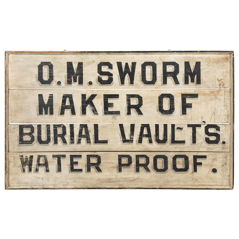 Circa 1900 Black Gray and White Burial Vault Cemetery Trade Sign Folk Art For Sale