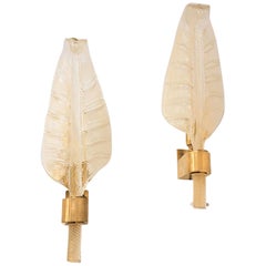 Two Pairs of Gold Murano Glass Leaf Sconces, Barovier Style, Mid-Century Modern Two Pairs of Gold Murano Glass Leaf Sconces, Barovier Style, Mid-Century Modern