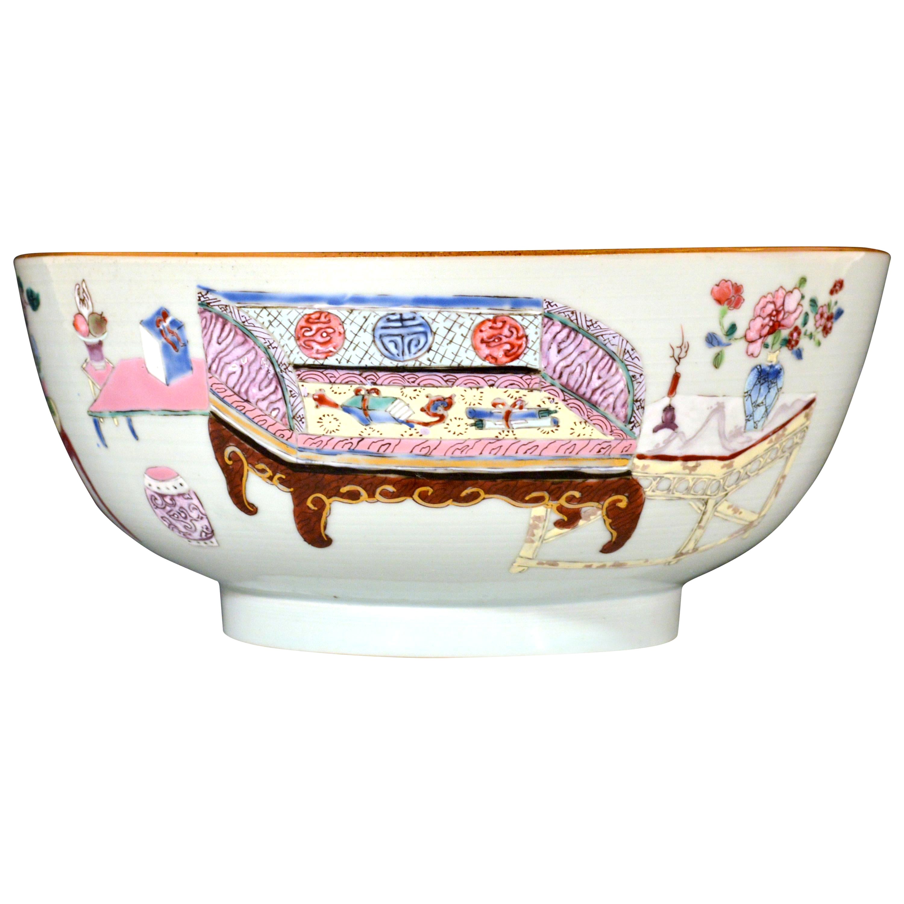 Bol en porcelaine d'exportation chinoise du 18e siècle avec meubles domestiques chinois
