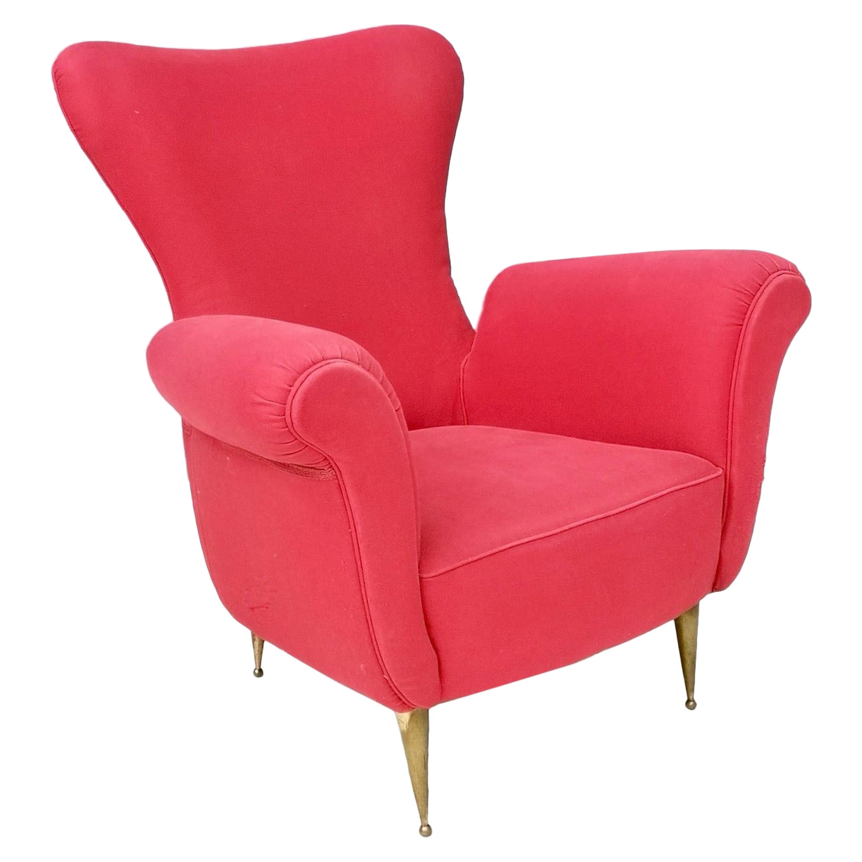 Vintage Wingback Red Cotton Armchair with Brass Feet, Italy For Sale