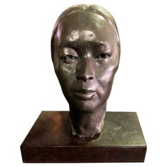 Bronze Sculpture of Head Bust of Japanese Woman in the Style of Isamu Noguchi