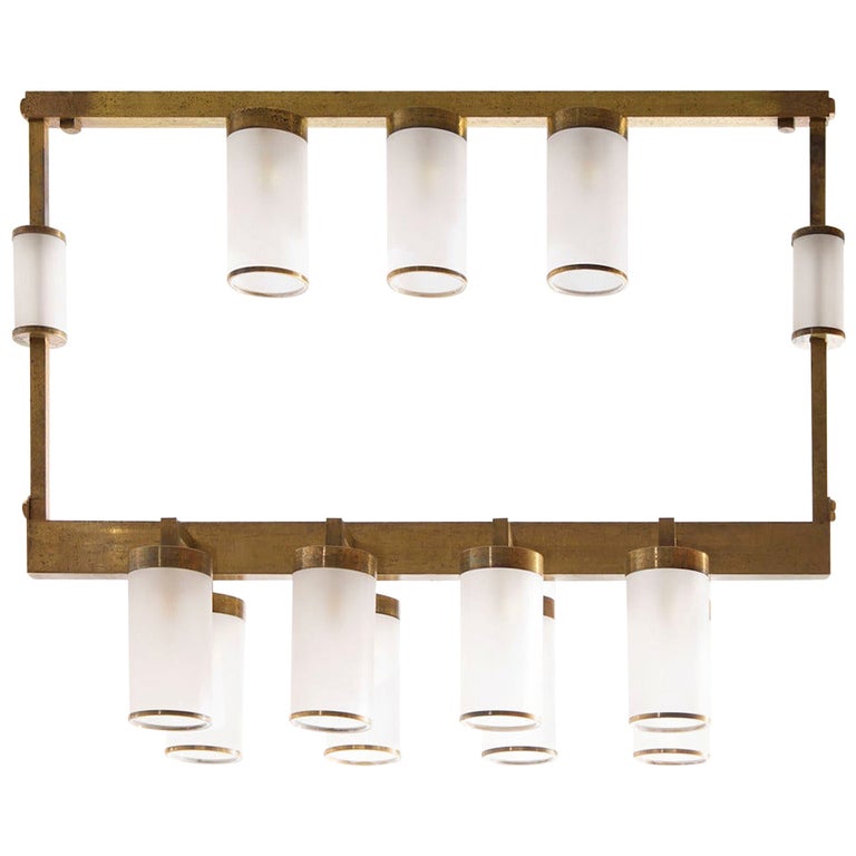 Mid-Century Squared Chandelier in Brass and Blow Murano Glass, 1950s Italy For Sale