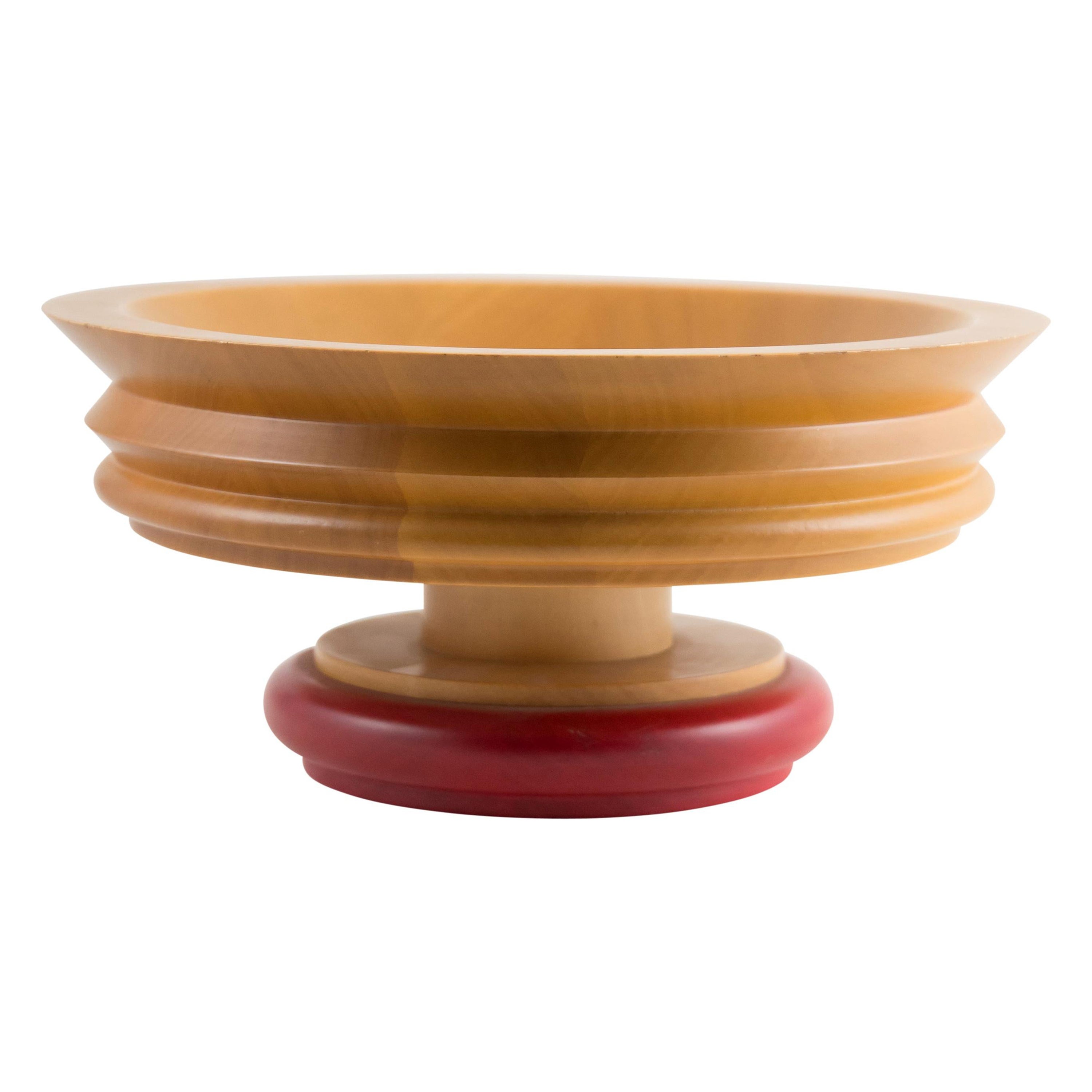 1990s Italian Design Red Rim Wooden Bowl by Ettore Sottsass for Twergi For Sale