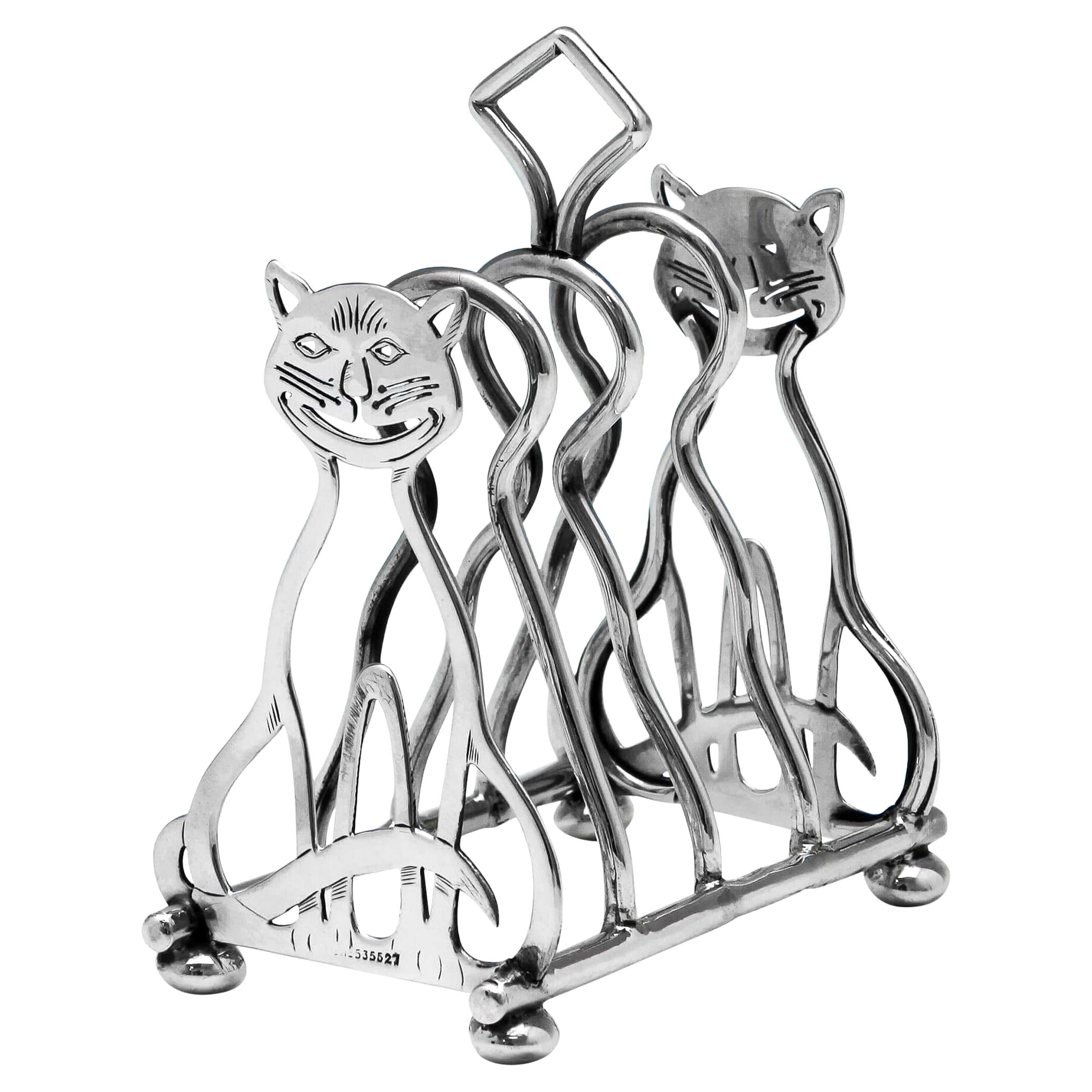 Edwardian Novelty Sterling Silver Cat Toast Rack by Levi & Salaman in 1910