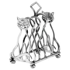 Antique Edwardian Novelty Sterling Silver Cat Toast Rack by Levi & Salaman in 1910