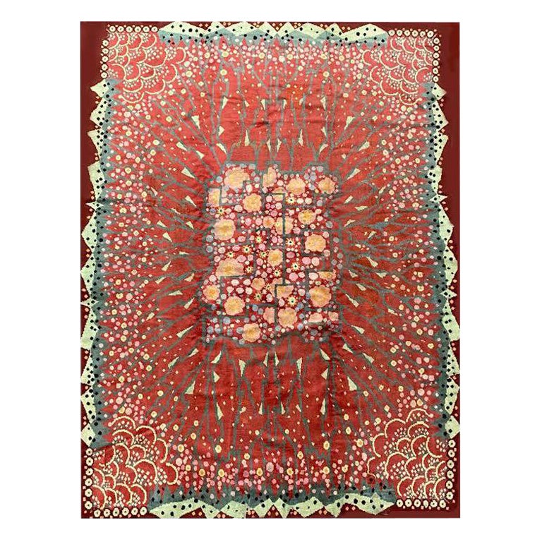 Sublime Art Deco Rug Signed by Maurice Dufrene, Red with Floral Decoration