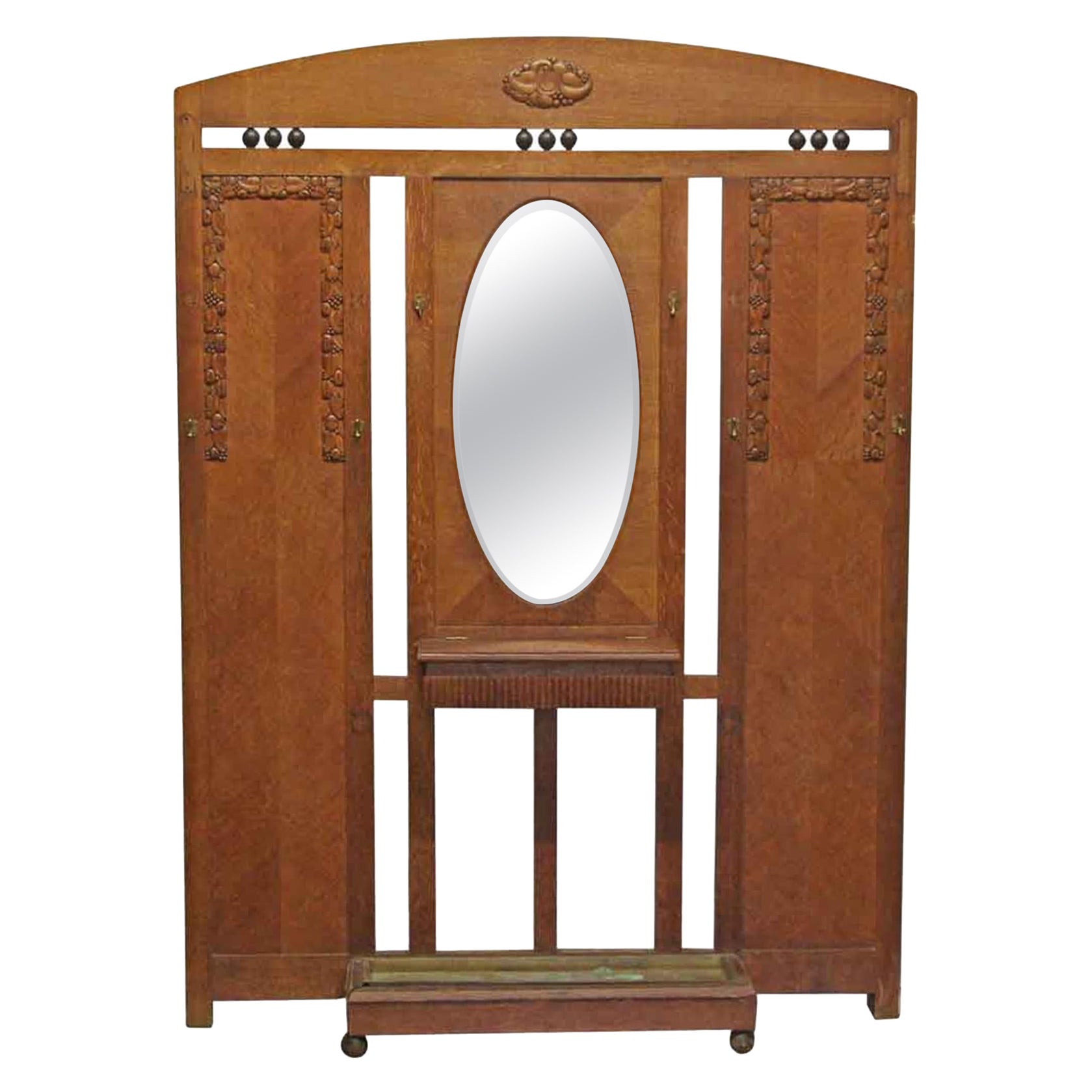 Antique Oak Hall Tree with Mirror For Sale at 1stDibs