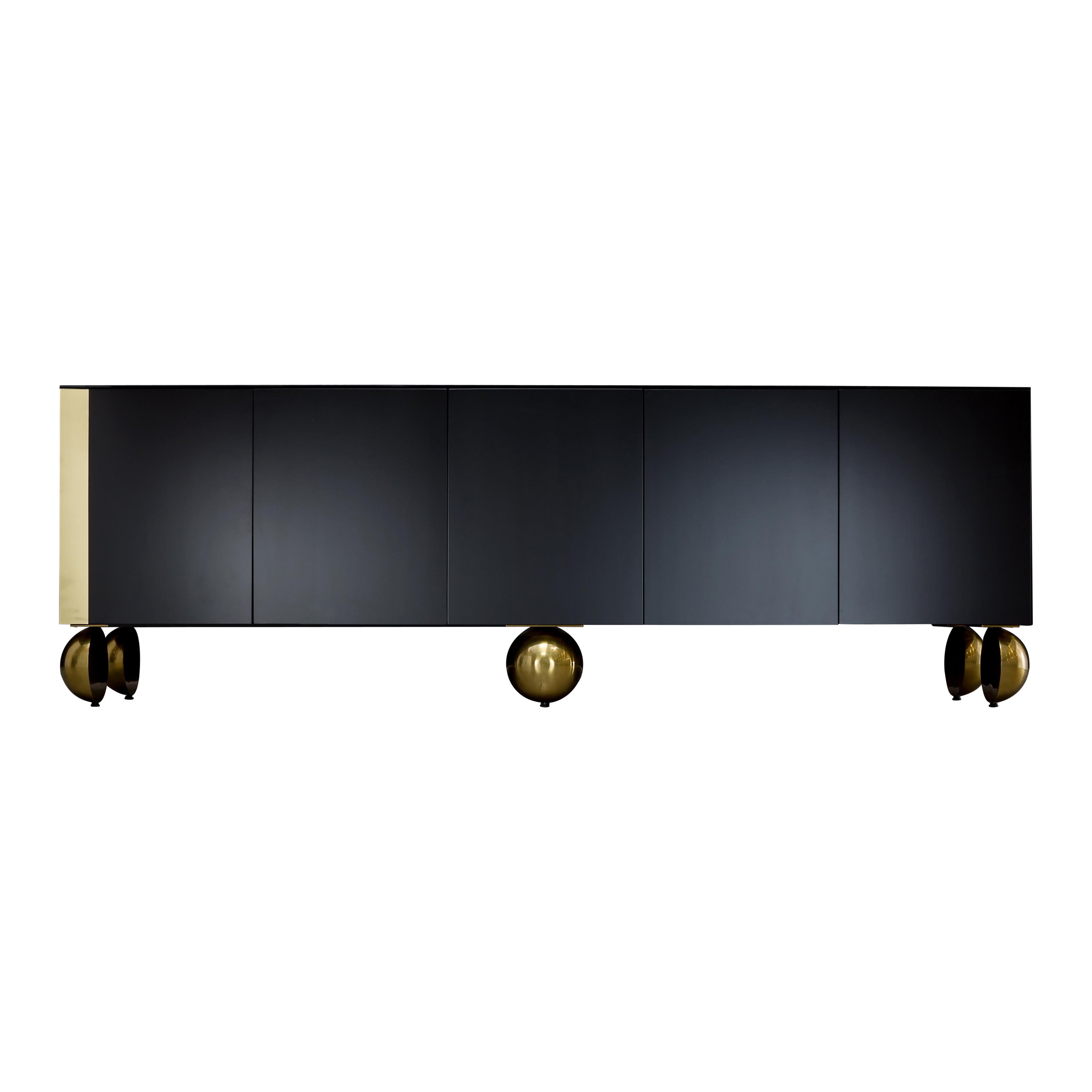 BALL CREDENZA XTRA - Modern Black Lacquer with Metal Inlay and Metallic Legs
