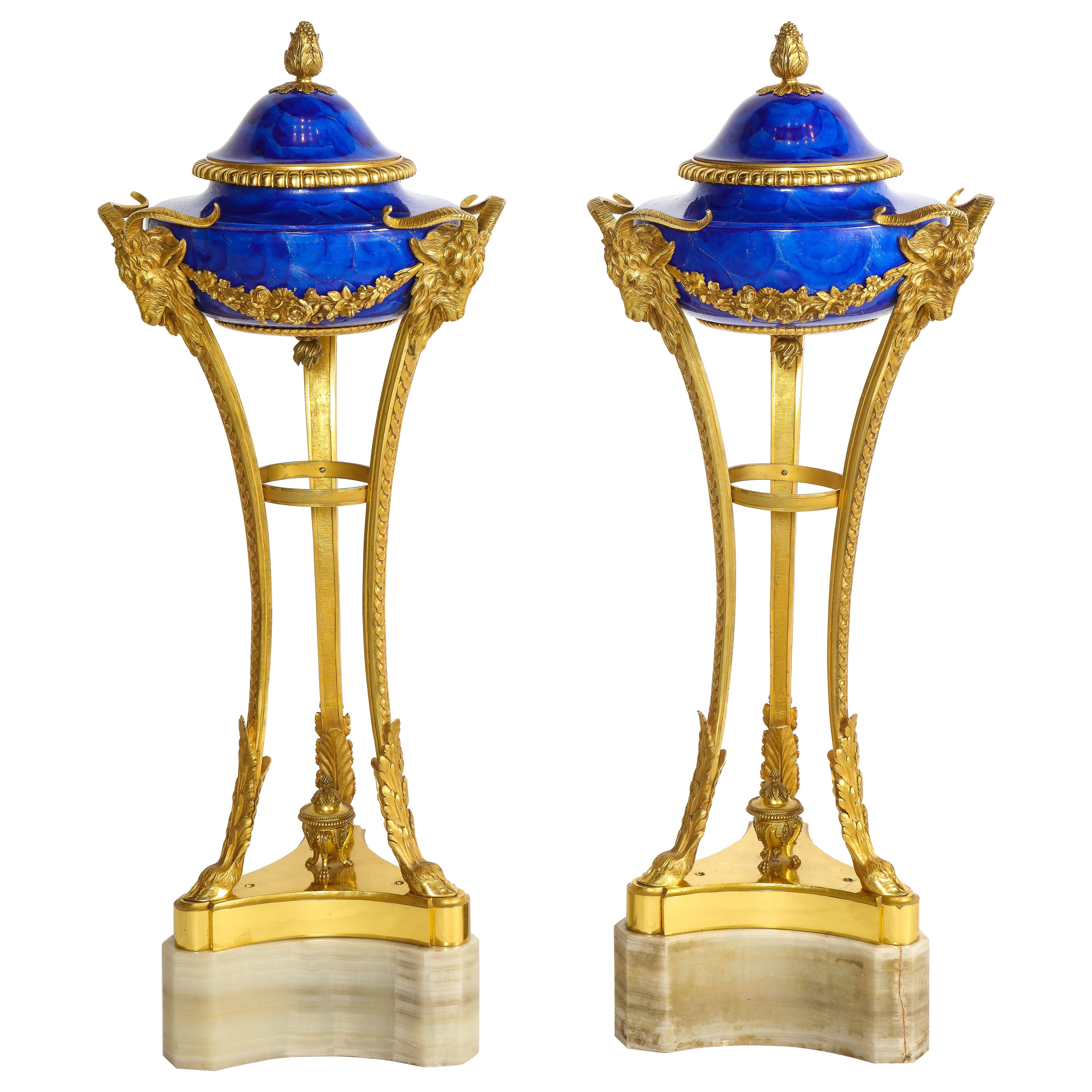 Pr Louis XVI Style Dore Bronze Mtd Faux Lapis Lazuli Sevres Athenians/Cassoulets For Sale