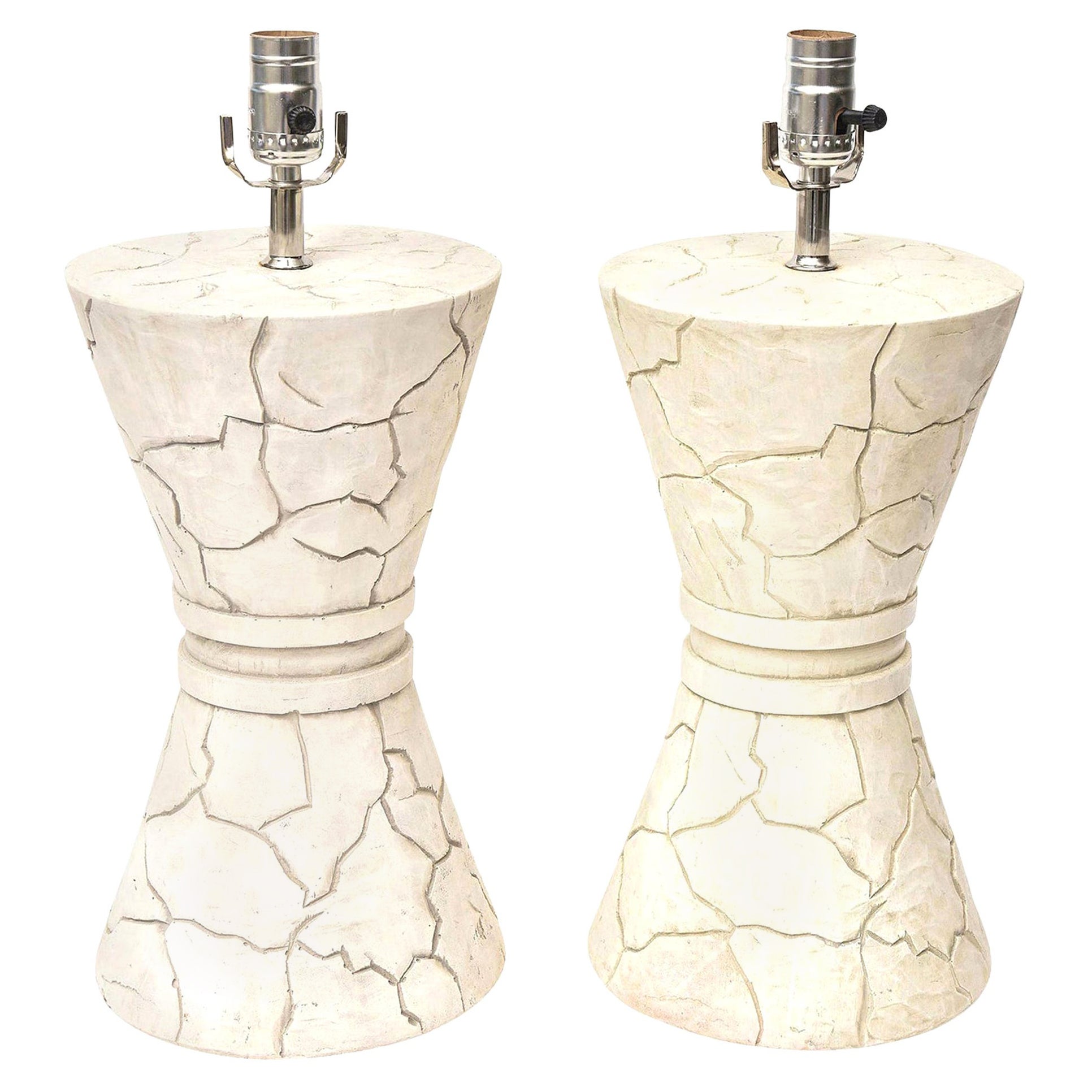 Vintage Organic Modern Off White Signed Japanese Ceramic Pebbled Lamps Pair Of For Sale