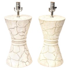 Vintage Organic Modern Off White Signed Japanese Ceramic Pebbled Lamps Pair Of