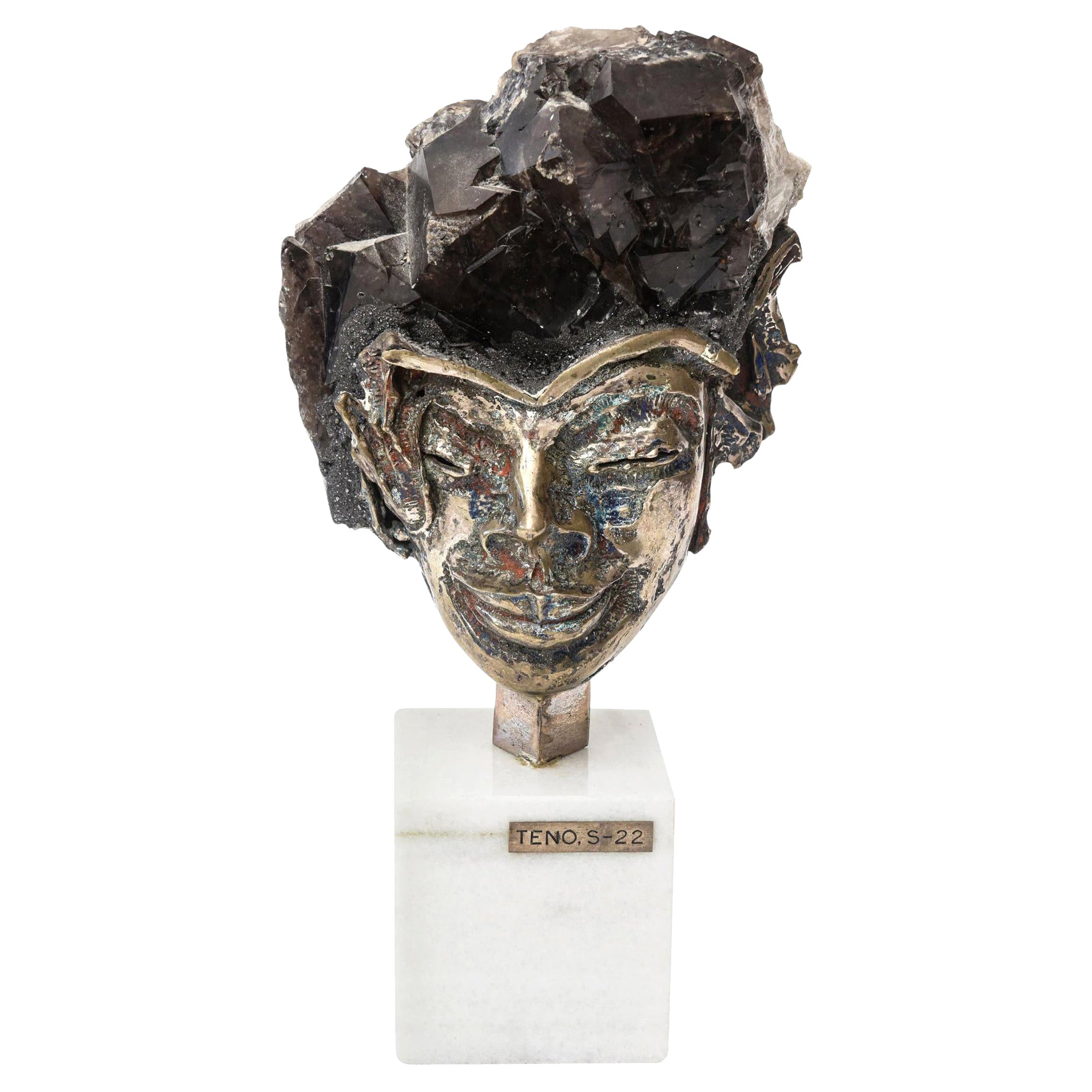 Aurelio Teno Signed Silvered Bronze, Enamel, Quartz and Marble Sculpture Vintage For Sale