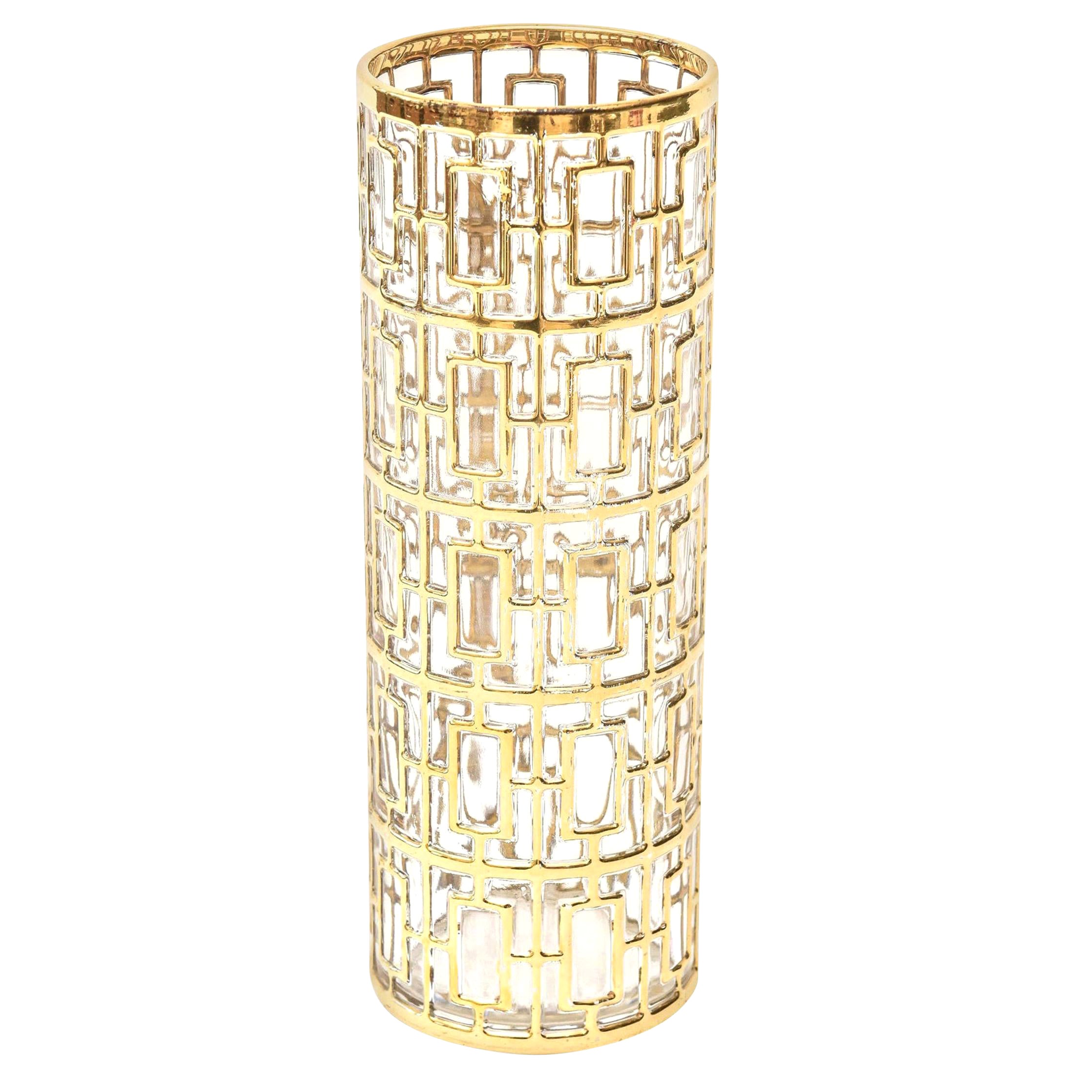 Imperial Glass 22-Carat Gold-Plated Shoji Screen Greek Key Vase, Cocktail Mixer For Sale