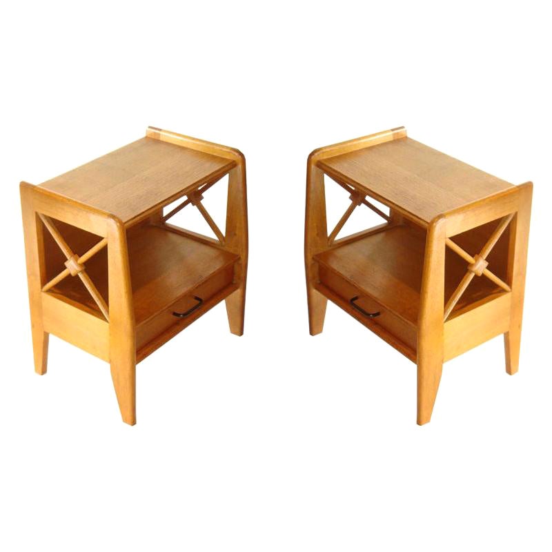 Jacques Adnet Mid-Century Modern Pair of Oak Side Tables, Night Stands