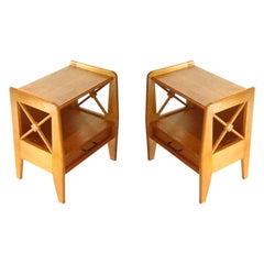 Jacques Adnet Mid-Century Modern Pair of Oak Side Tables, Night Stands
