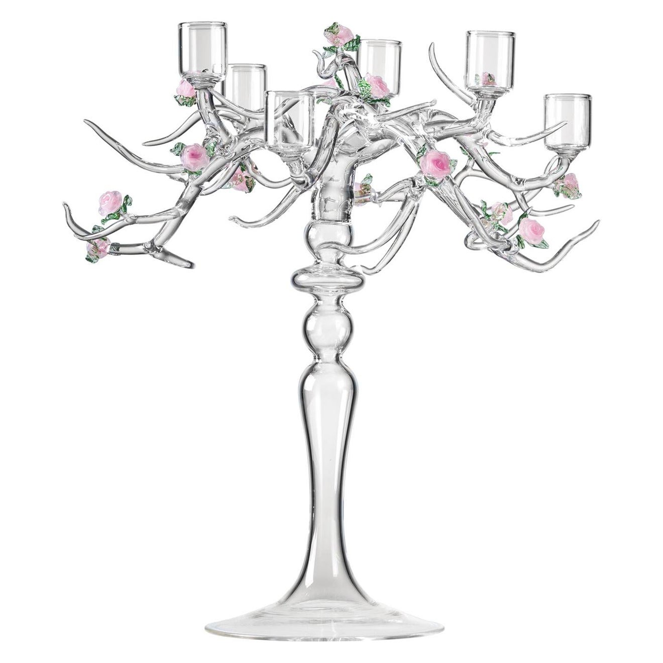 Contemporary Handmade Glass Rose Candelabra Flower Pink Leaves Green Romantic