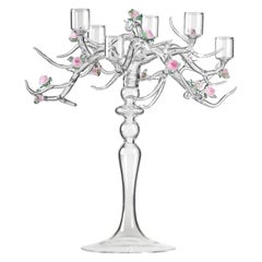 Candelabro Contemporáneo de Cristal Rosa Hecho a Mano Flor Rosa Hojas Verde Romántico