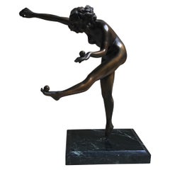 Vintage Balancing Ball Girl Bronze Sculpture