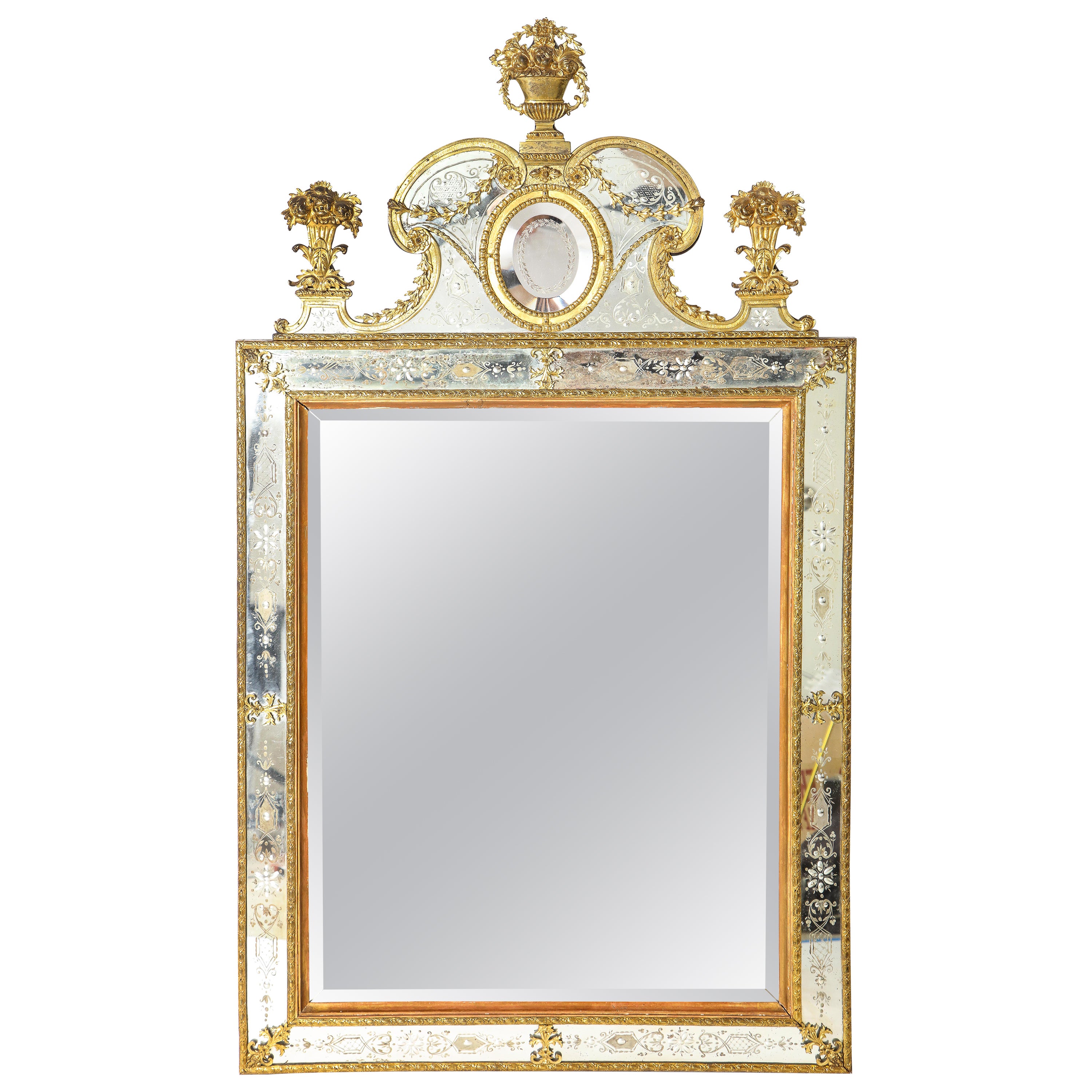 Two Swedish Ormolu-Mnt. & Hand-Etched Glass Mirrors Aft. Model by Gustav Precht For Sale