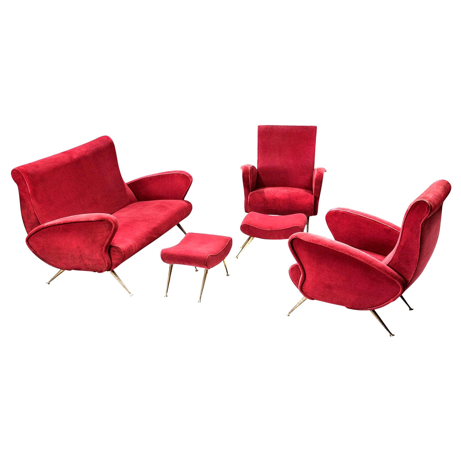 Lounge Set in Red Velvet and Brass For Sale