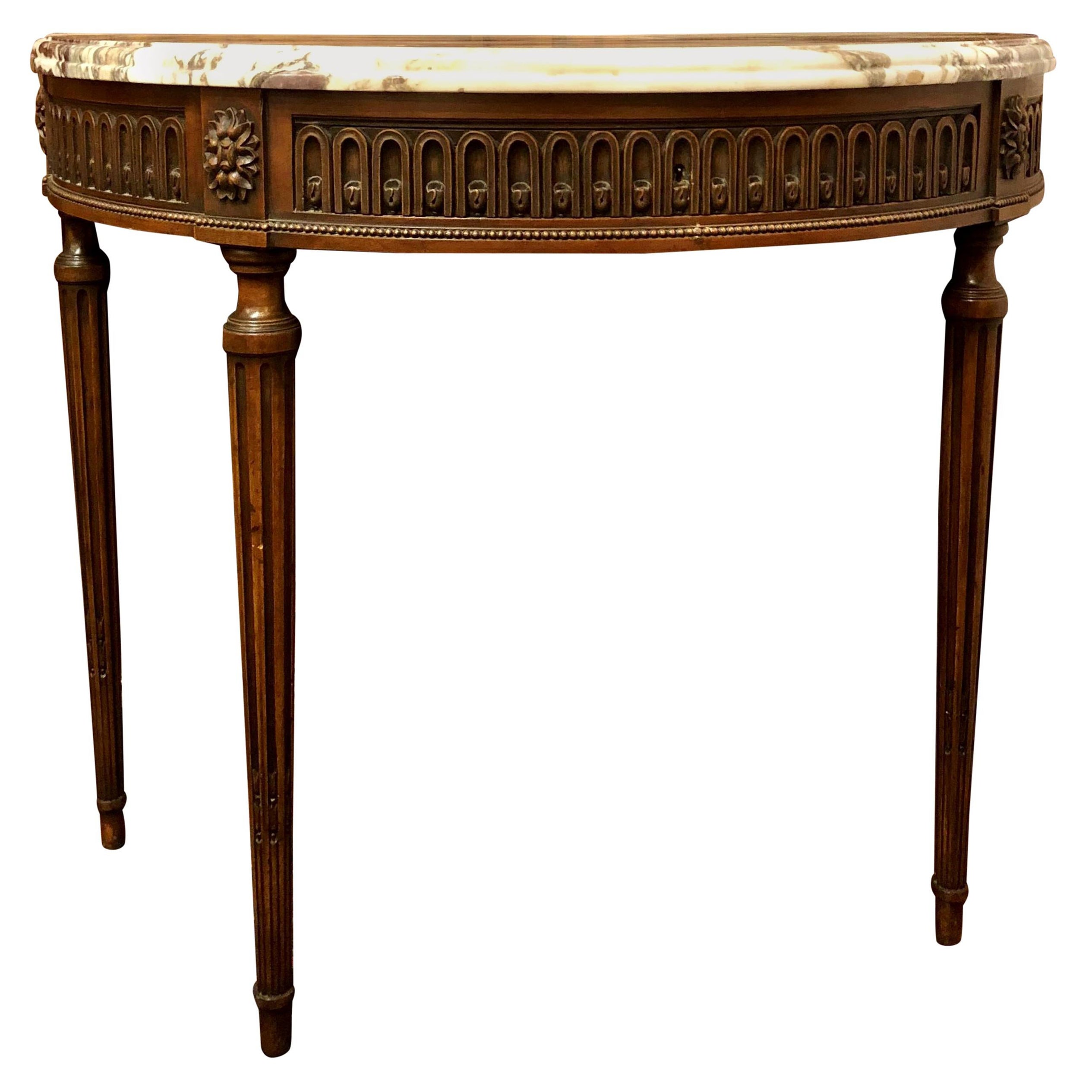 Antique French Walnut Marble-Top Demilune Console For Sale