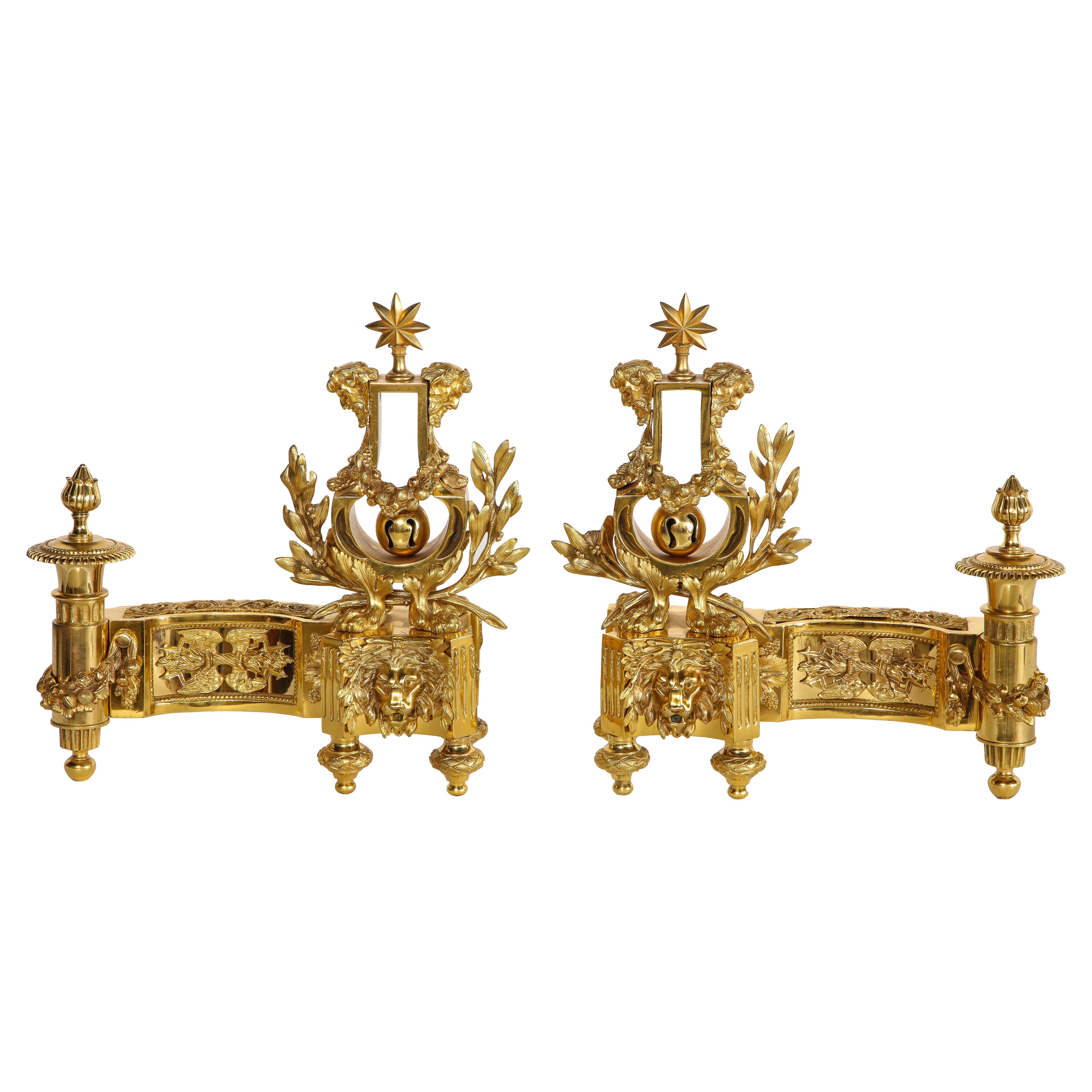 Pair of Antique French Louis XVI Style Dore Bronze Lyre Form Andirons/Chennets For Sale