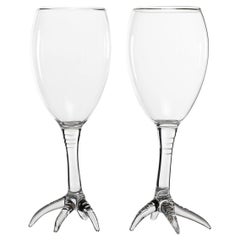 Contemporary Hand Blown Gajna Wine Glasses Chicken Farm Animal Playful Red White