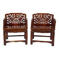 Pair of 18th/19th Century Chinese Lacquered Hardwood Open Work Throne Chairs