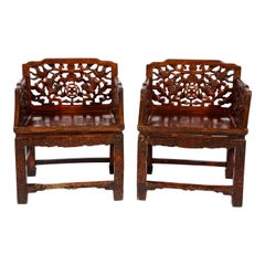 Pair of 19th Century Chinese Lacquered Hardwood Open Work Throne Chairs