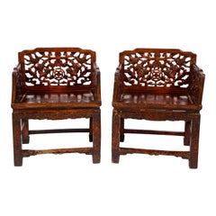 Antique Pair of 19th Century Chinese Lacquered Hardwood Open Work Throne Chairs