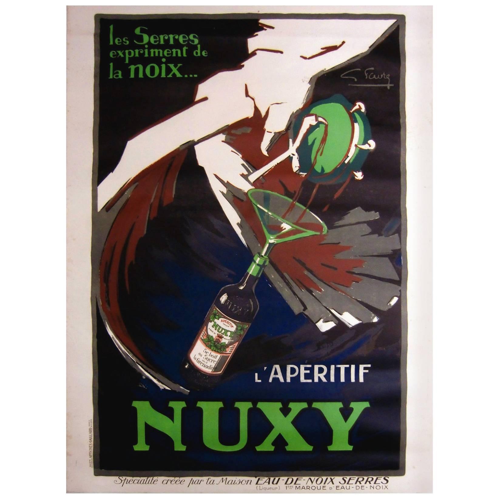 Original Vintage Art Deco Drink Advertising Poster for L'aperitif Nuxy by Favre
