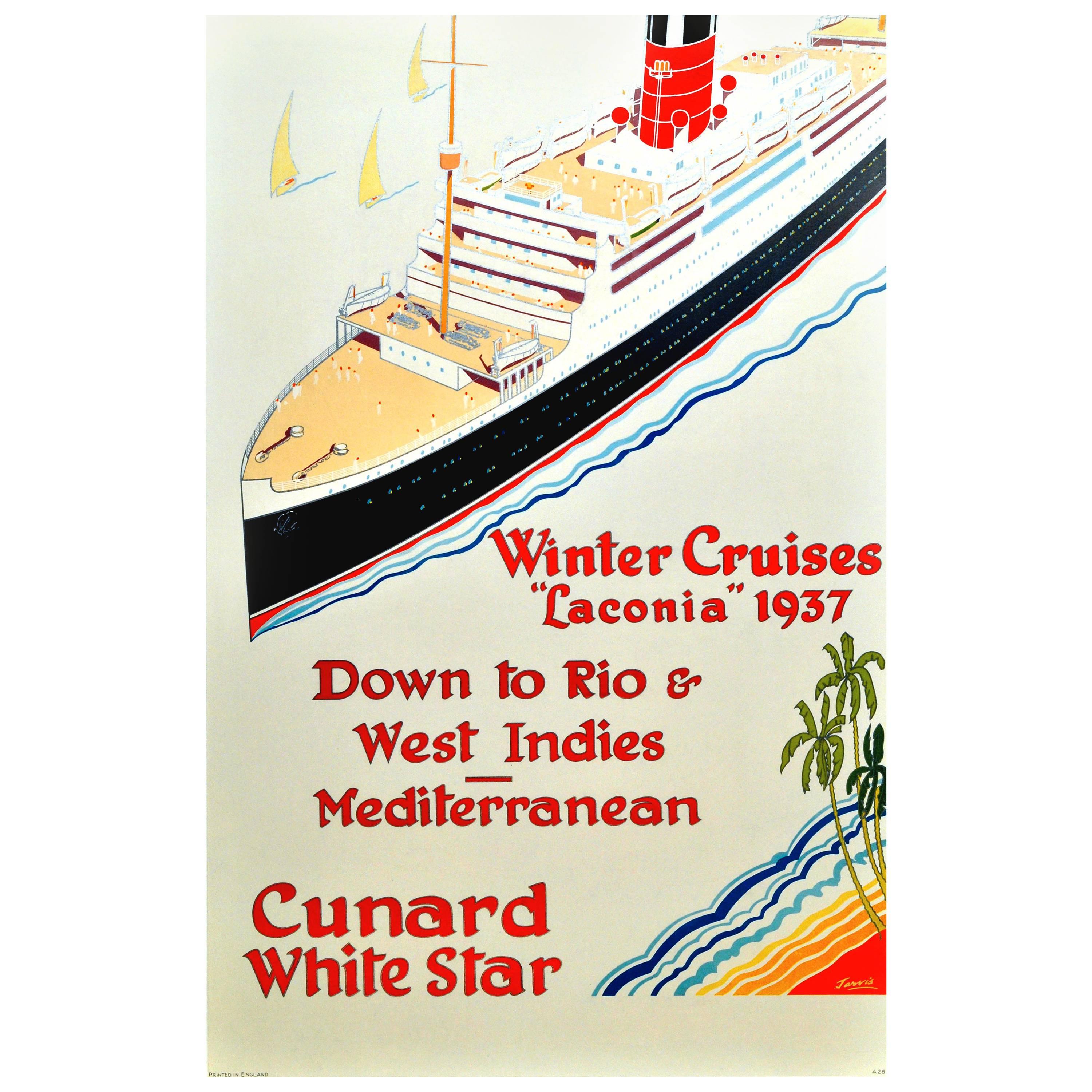 Original Vintage Art Deco Poster, Cunard White Star Winter Cruises Laconia 1937