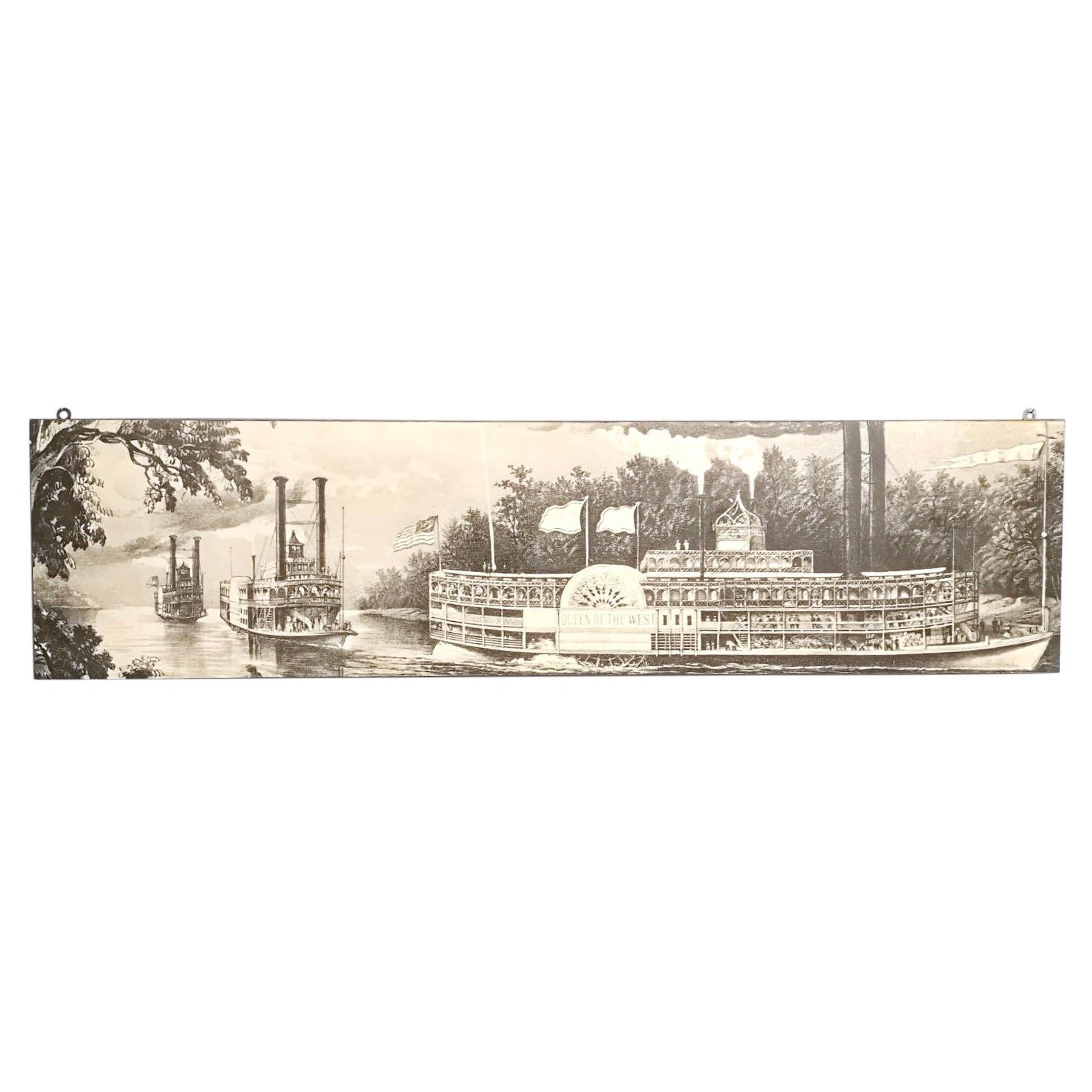 Vintage Decorative Panel with an American Scene on a Wooden Board