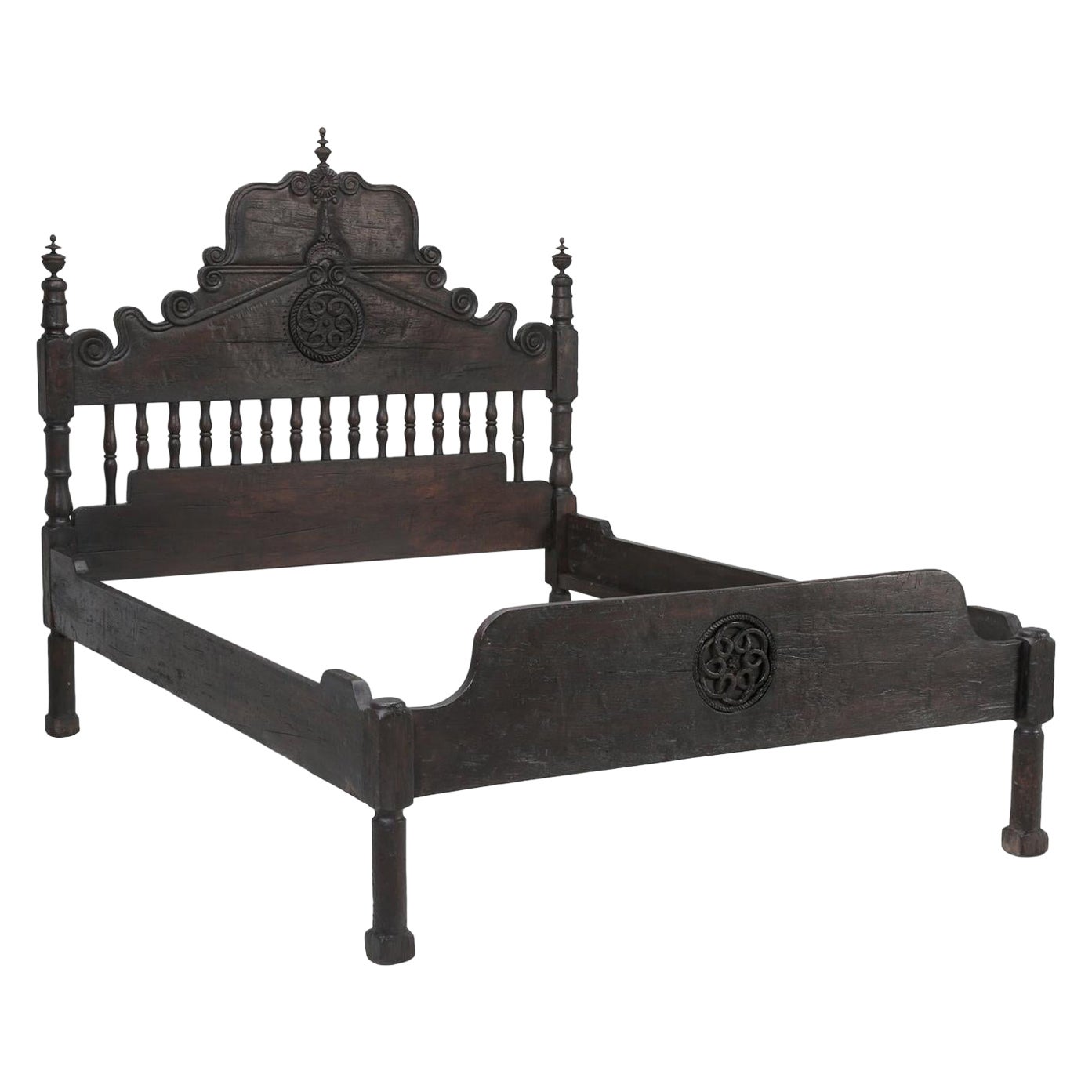 Spanish Colonial Style Queen Size Bed Created by Peruvian Artisans in Mahogany