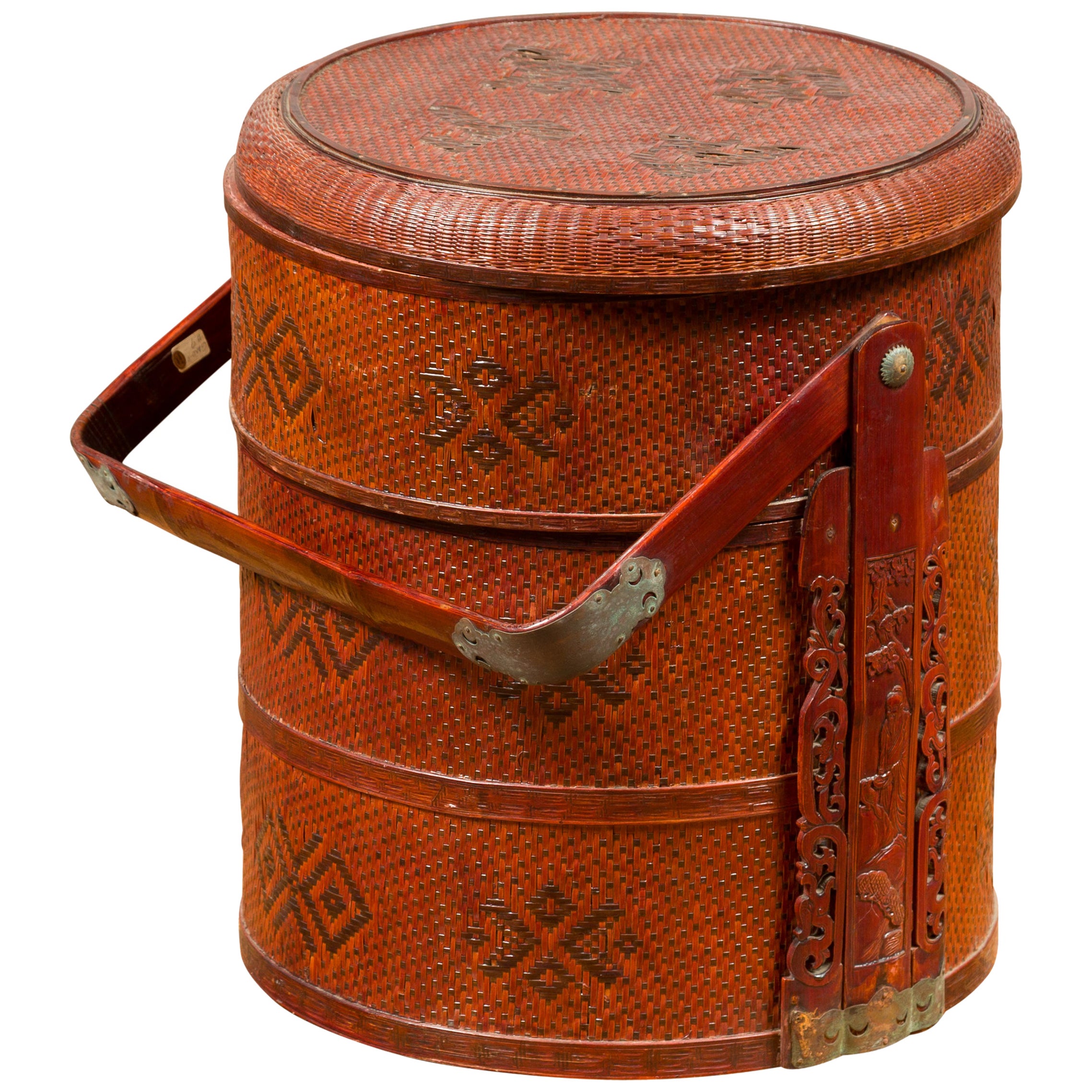 Antique Chinese 19th Century Qing Period Oval Rattan Basket with Lid