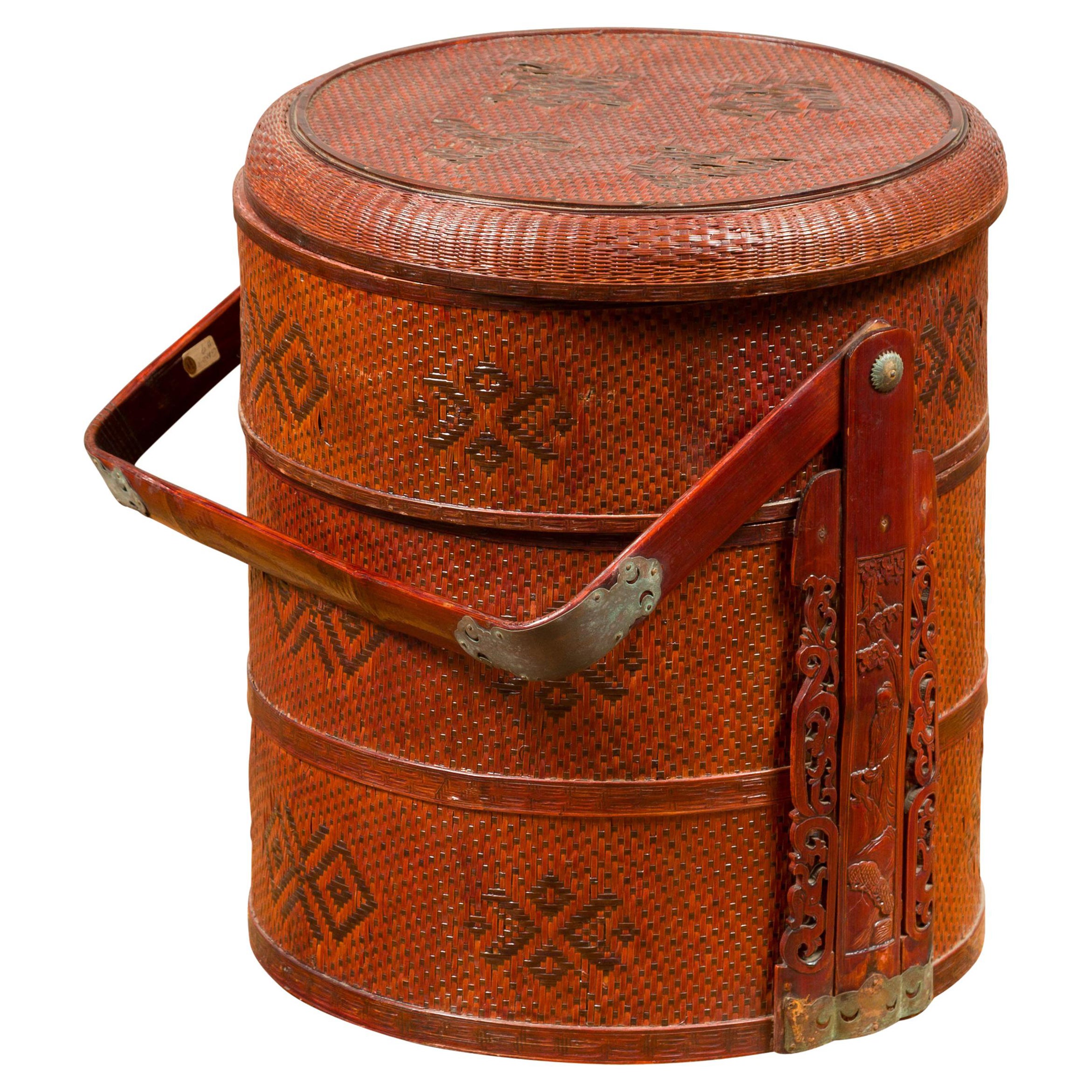 Rattan and Bamboo Tiered Nested Lunch Basket with Lid and Carved Handle