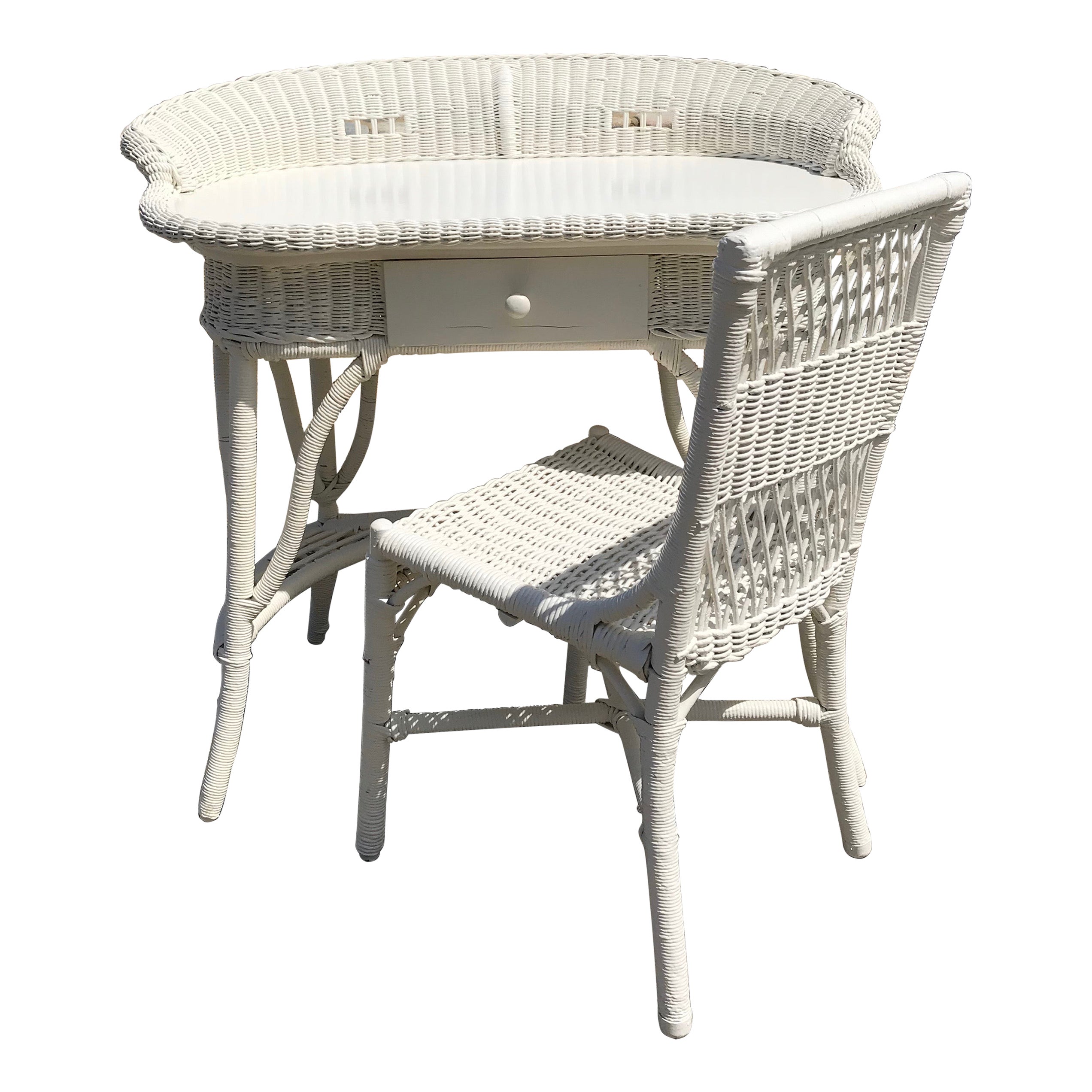 Antique Victorian Style White Wicker Vanity Desk with Drawers and Chair