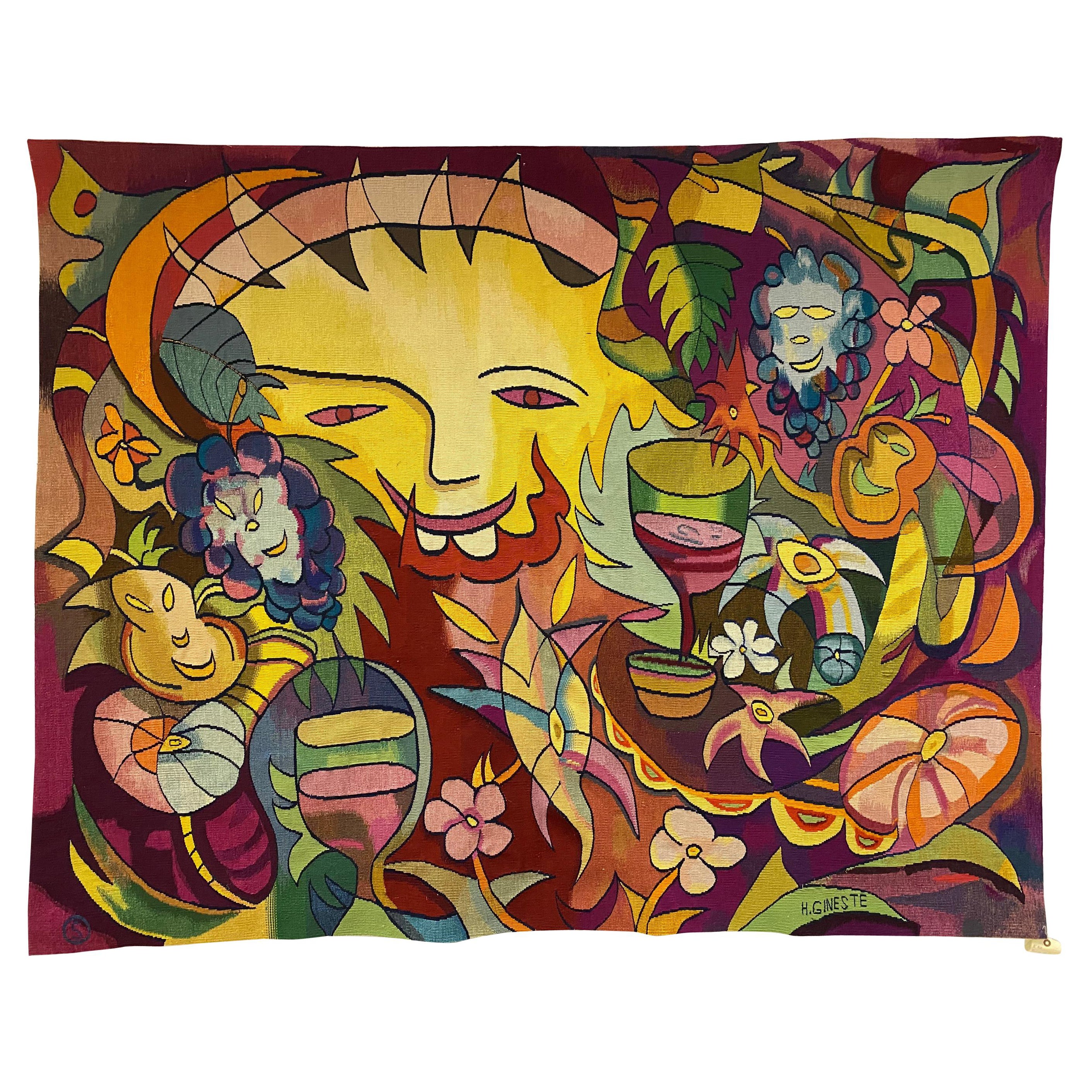 Aubusson Tapestry by H.Gineste "Drunk Sun" Woven in Soana Workshop