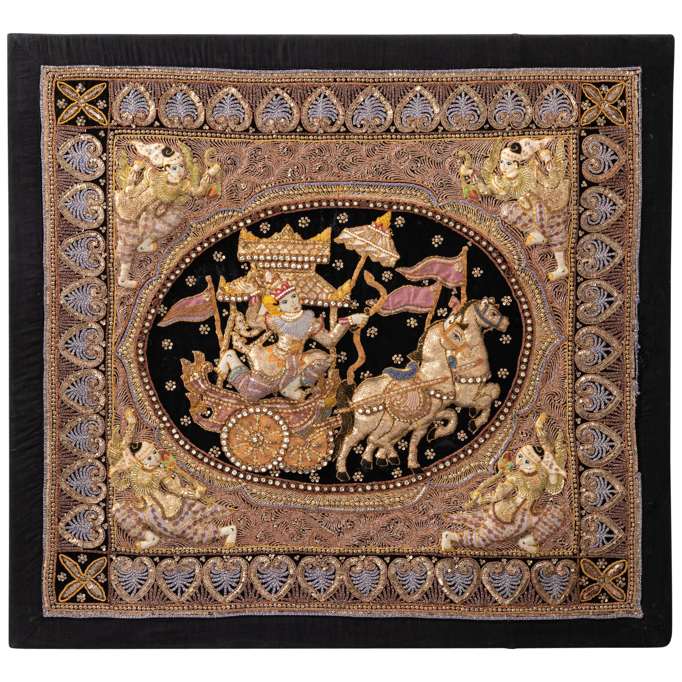Tenture Murale Indienne Brodée Motif Paisley - Orange Et Beige, Coton 100% - Occasion Sans Défaut