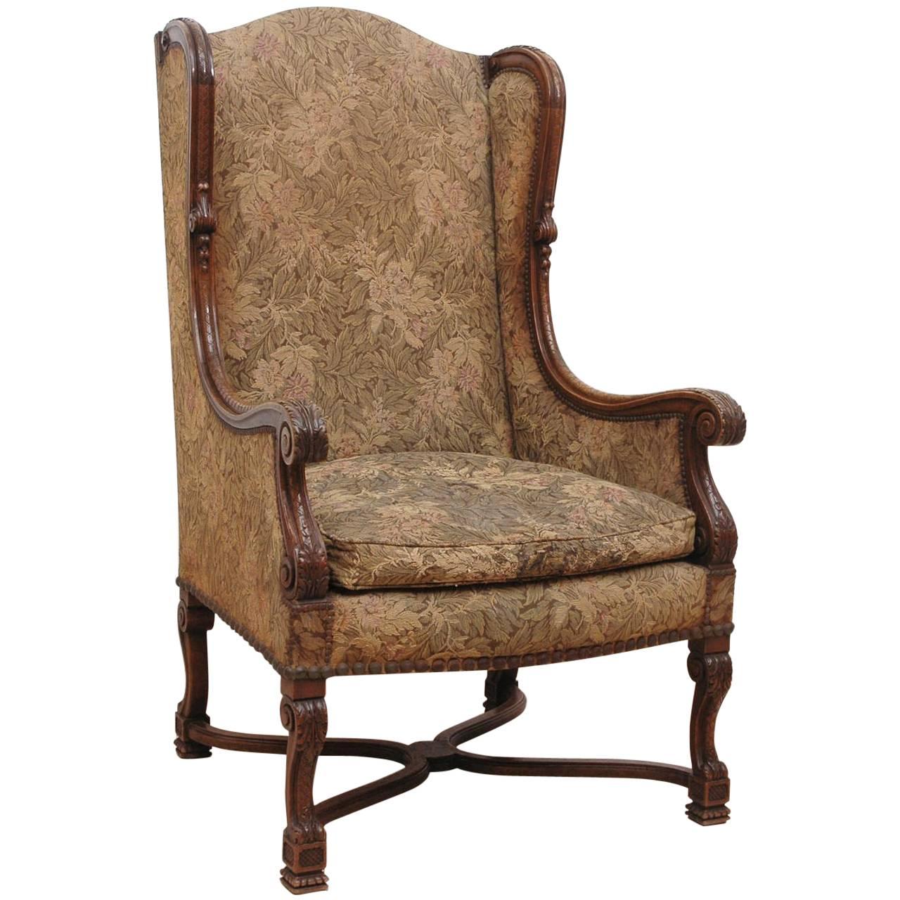 19th Century Neo-Renaissance Style Carved Wingback Chair with Upholstery For Sale