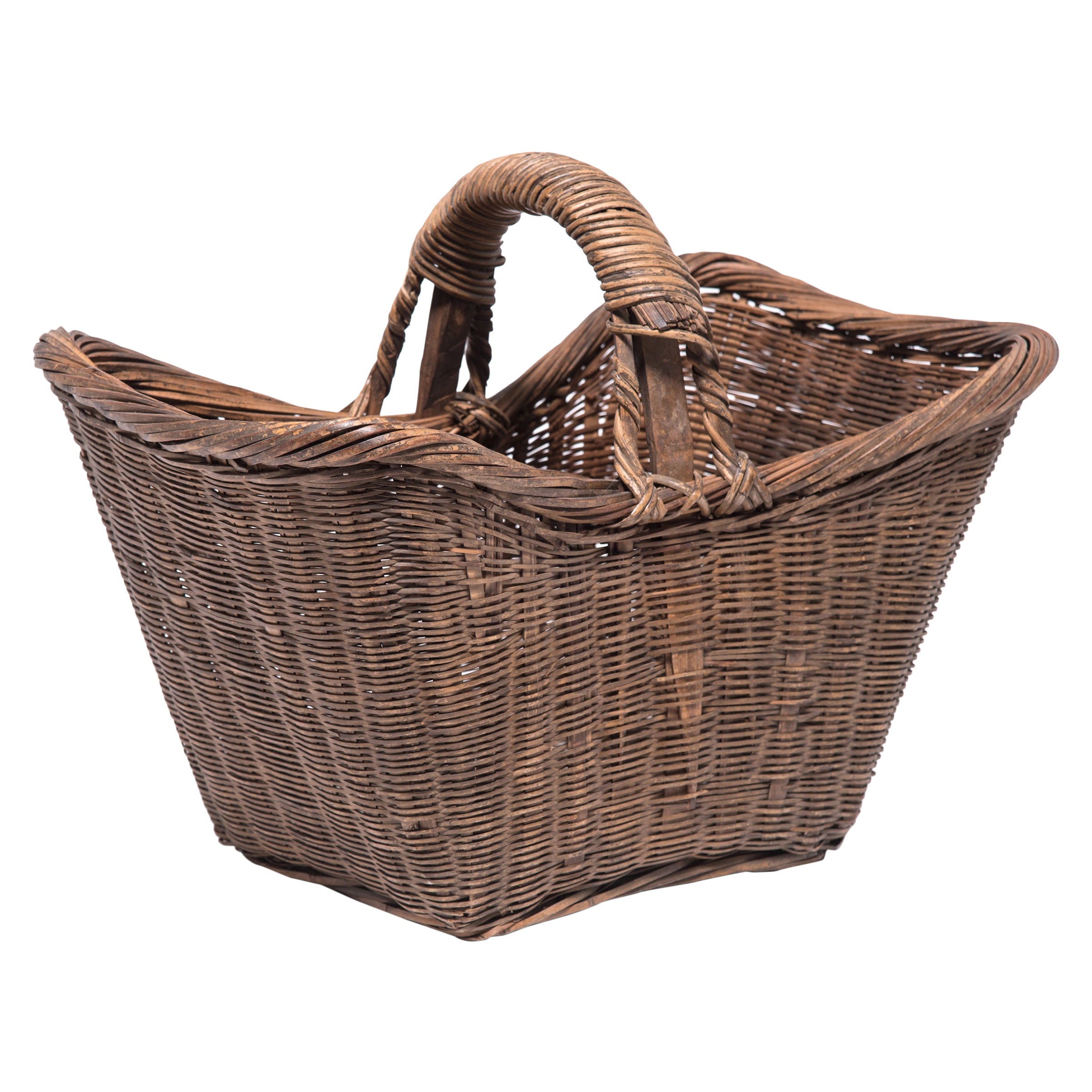 Chinese Round Woven Basket with Handle For Sale at 1stDibs