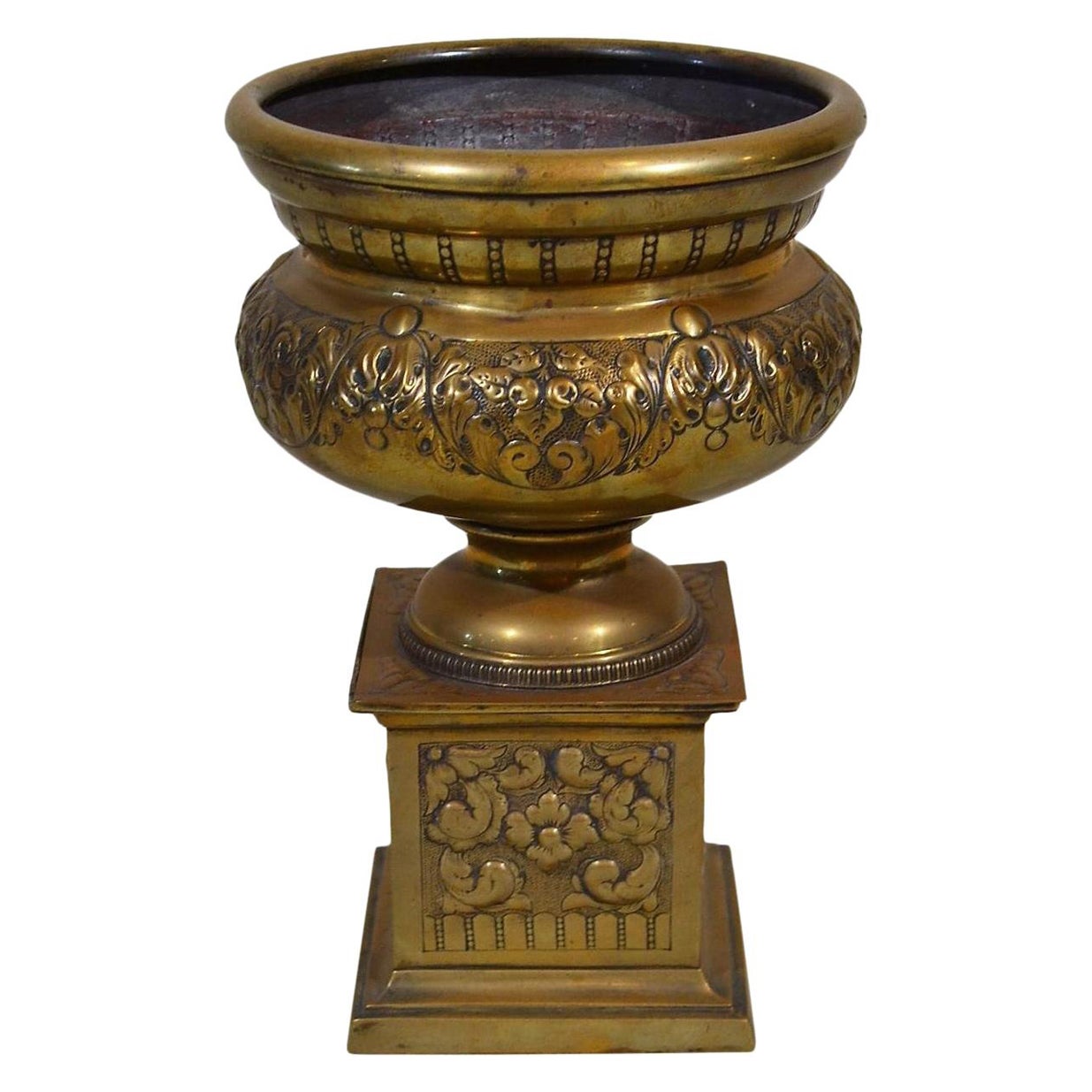 Antique English 19th Century Brass Repousse Plant Urn For Sale