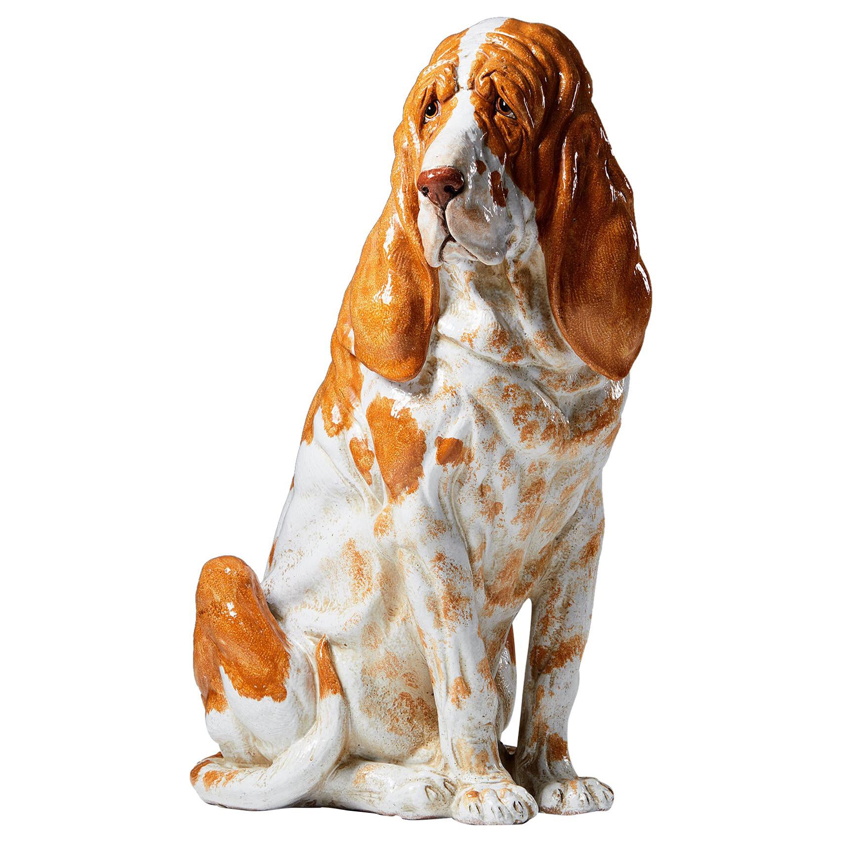 Large Porcelain Dog Sculpture in form of a Bloodhound 1950s For Sale