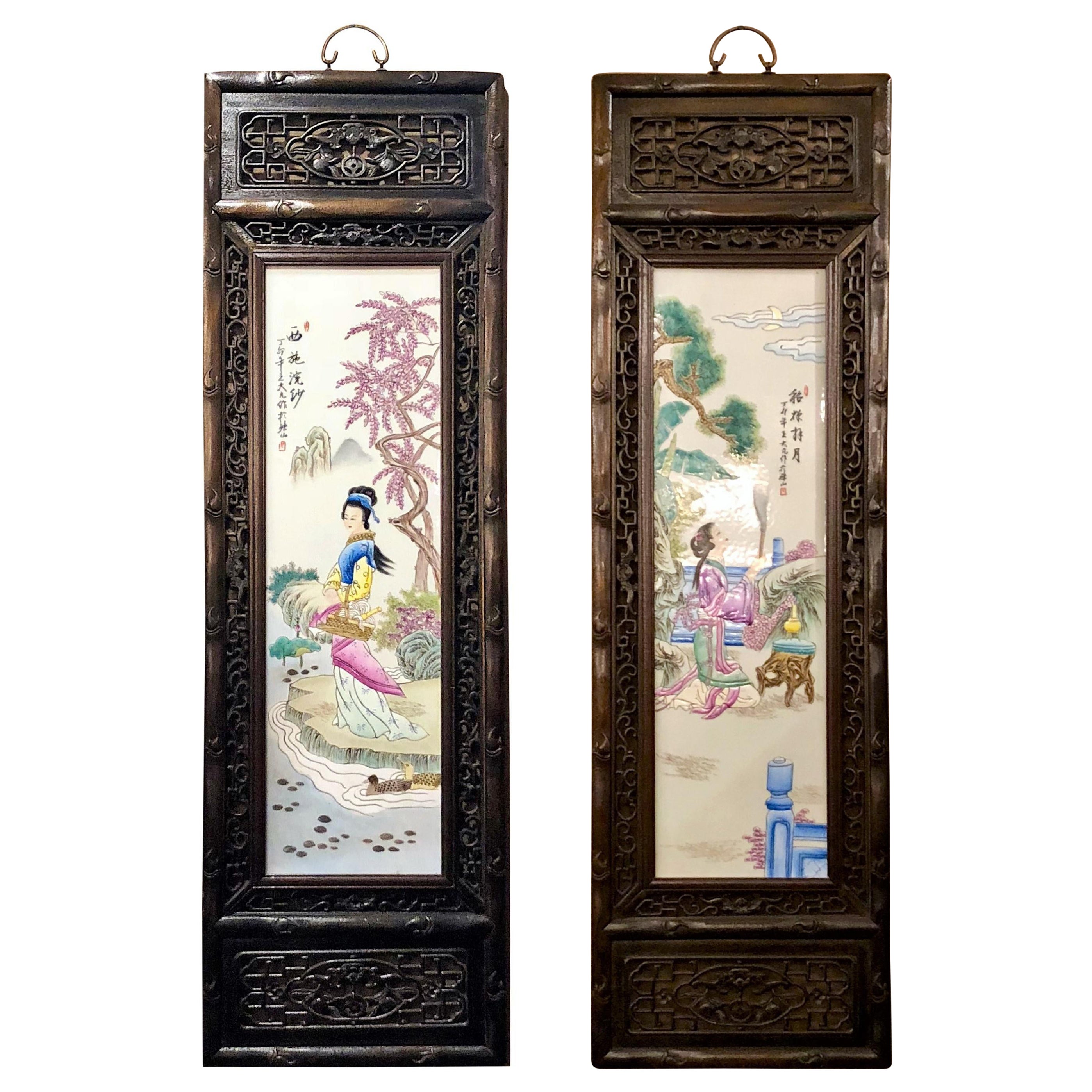 Pair of Antique 19th Century Chinese Famille Rose Panels