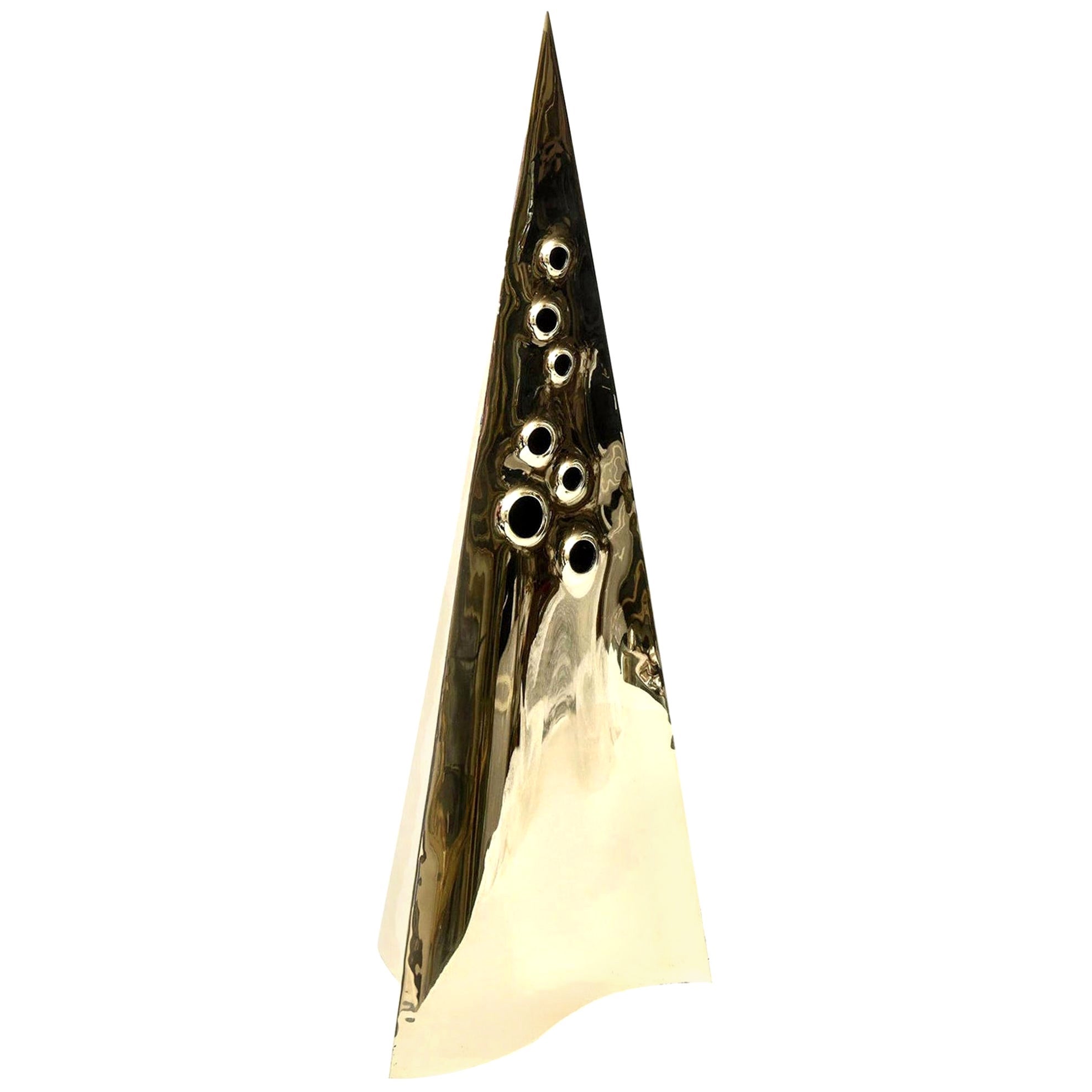 Vintage Brass Pyramid Triangle Tall Modernist Sculpture For Sale