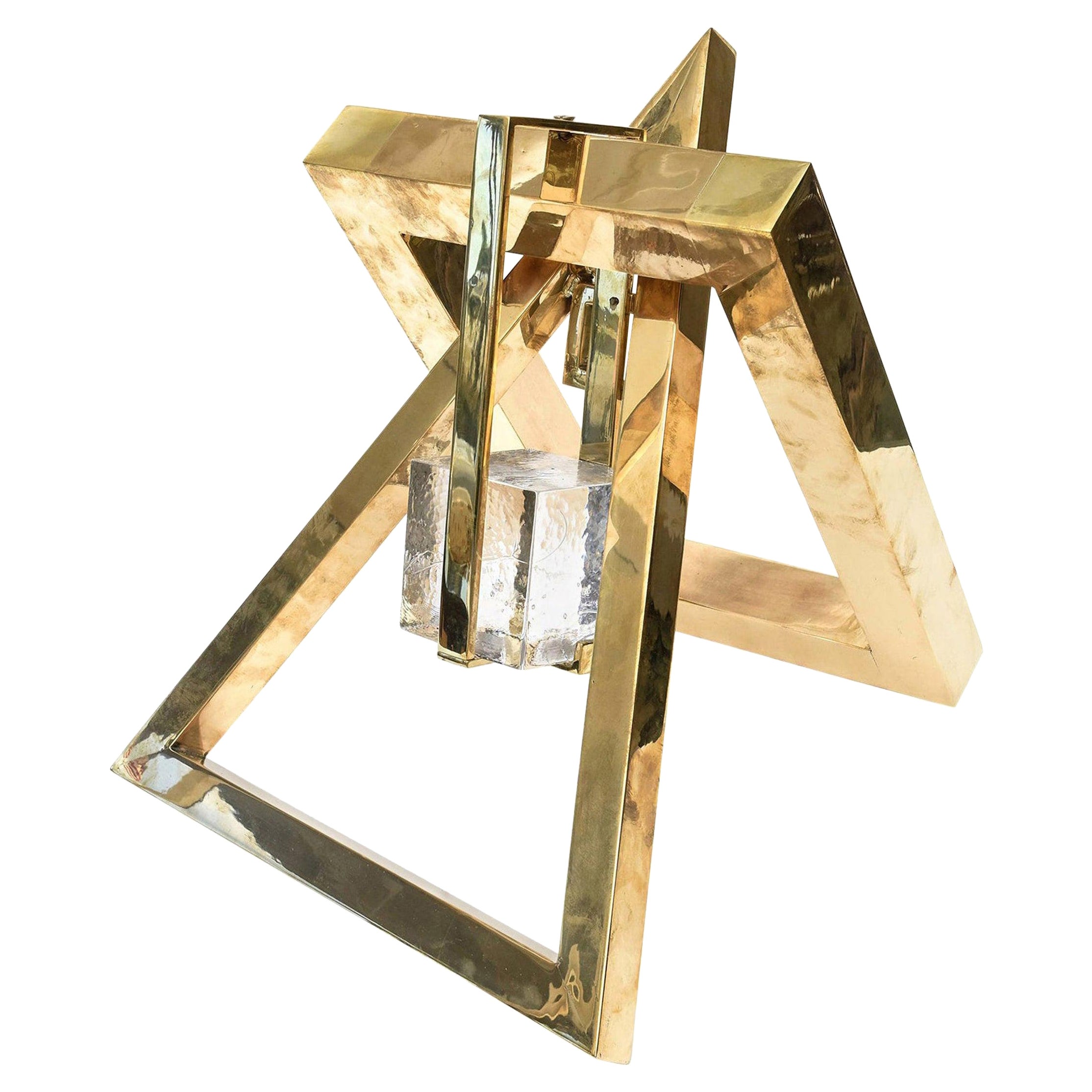Joan Lehman Geometric Brass and Glass Block Suspended Cube Sculpture Vintage For Sale