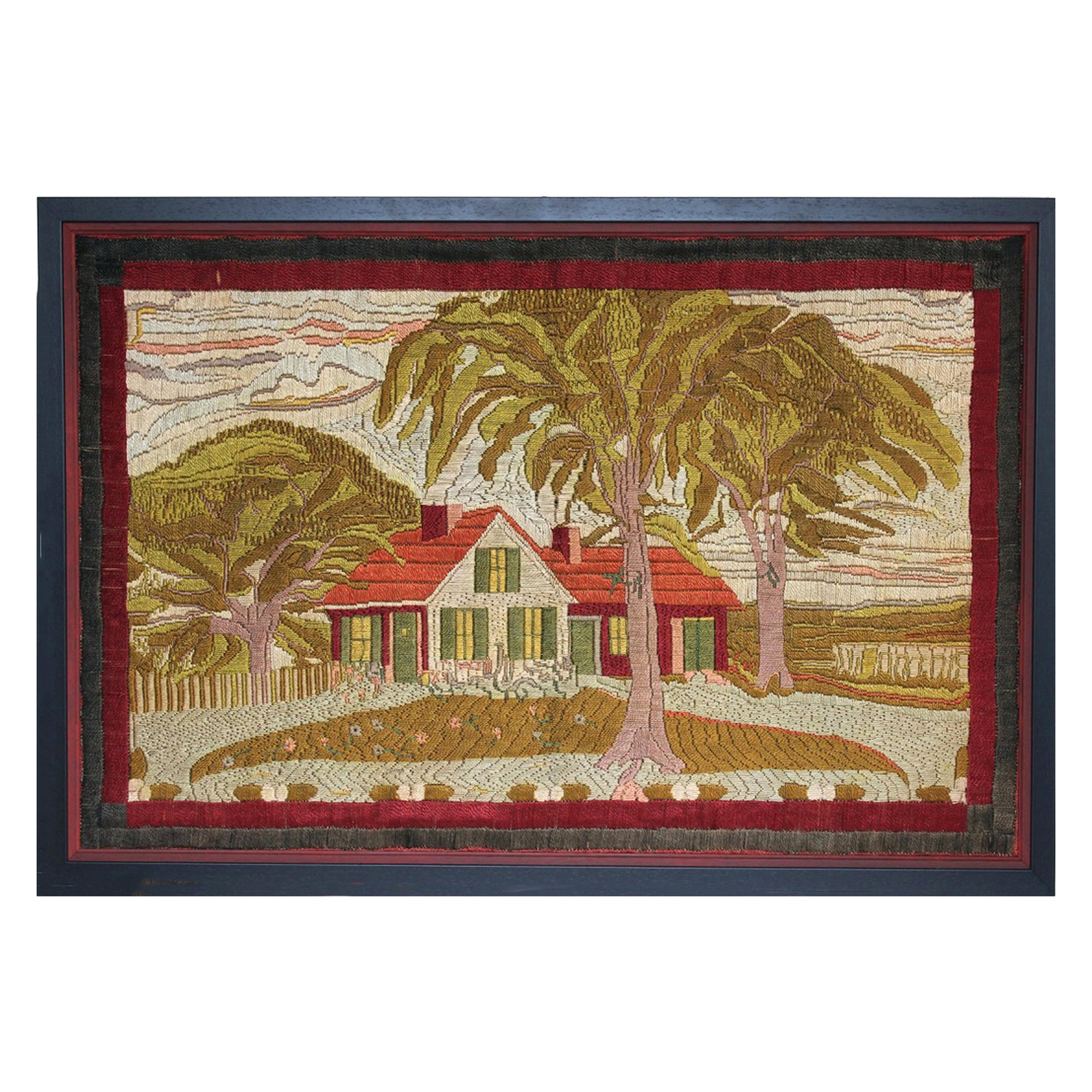Large Woolwork Picture of a Farmhouse, First Part of the 20th Century